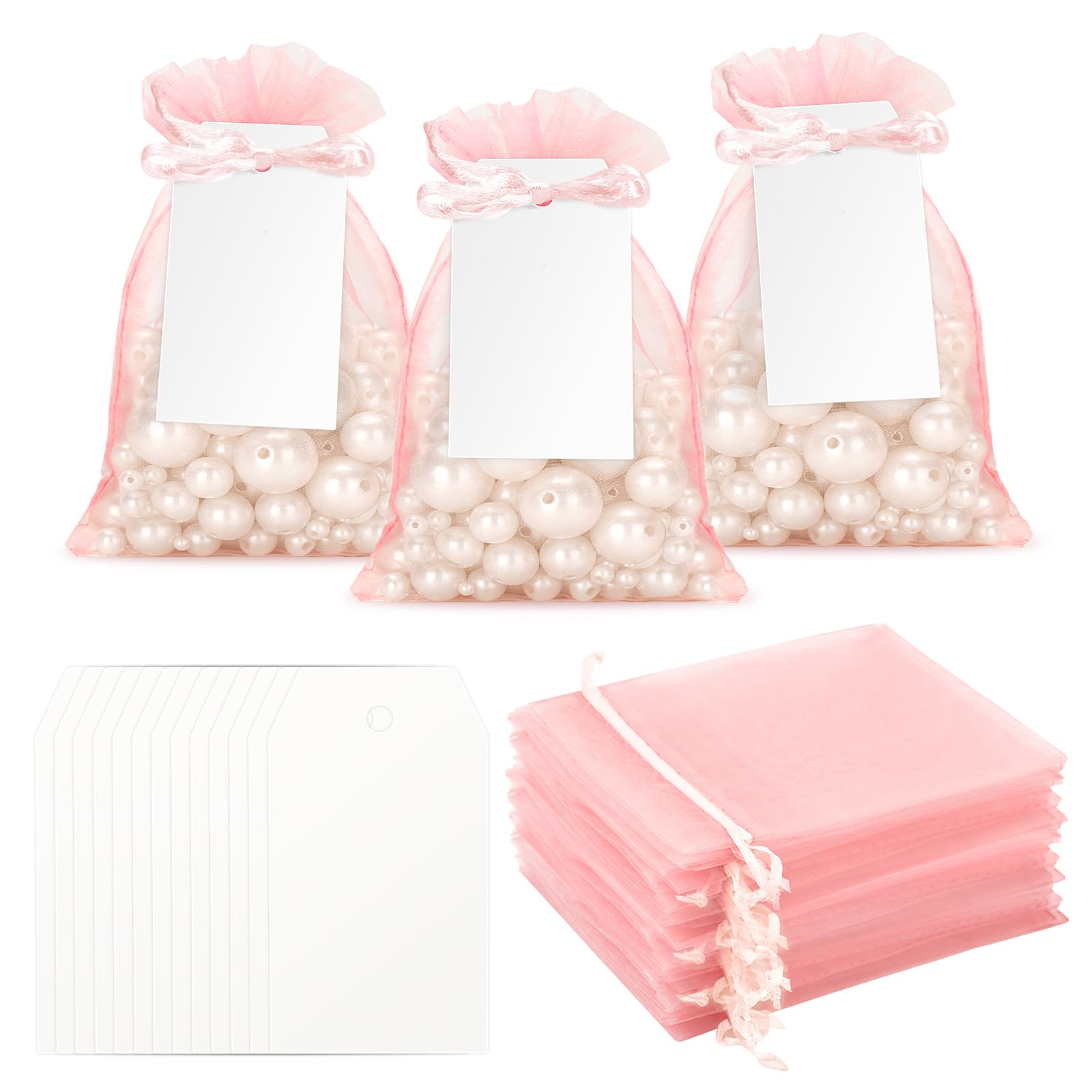 G2PLUS 50 Pack Organza Gift Bags with Tags: 10 x 15 cm Baby Pink Drawstring Favour Pouches with 4 x 7 cm White Tags for Wedding Party Favours Jewellery Candy