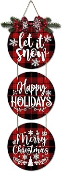 3 Pieces Christmas Hanging Sign Decorations Christmas Sign Buffalo Check Plaid Wreath for Front Door Rustic Burlap Wooden Holiday Decor Christmas Indoor Outdoor Decorations Black Red