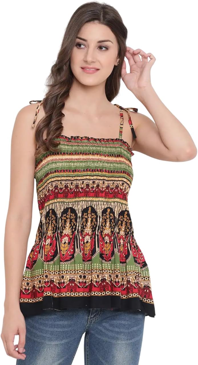 Bigdave Women's Rayon Printed Casual Summer Style Tie Shoulder Straps Free Size Tank Top (Multi4)