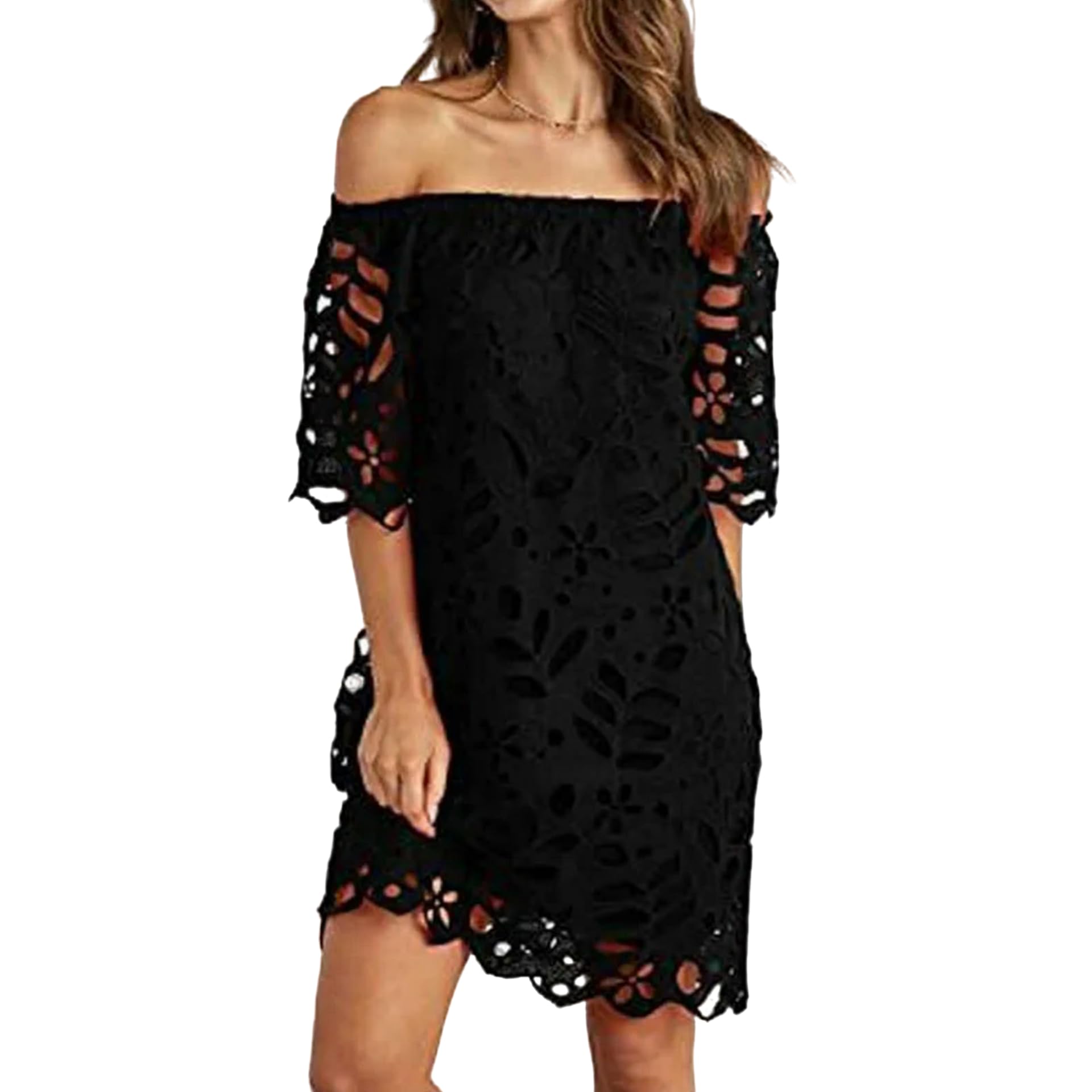 Primavera Verano Viaje Vestido de Encaje Sexy Fuera del Hombro Media Manga sin Tirantes Moda Ahueca hacia Fuera Faldas Vestidos Casuales de Color sólido