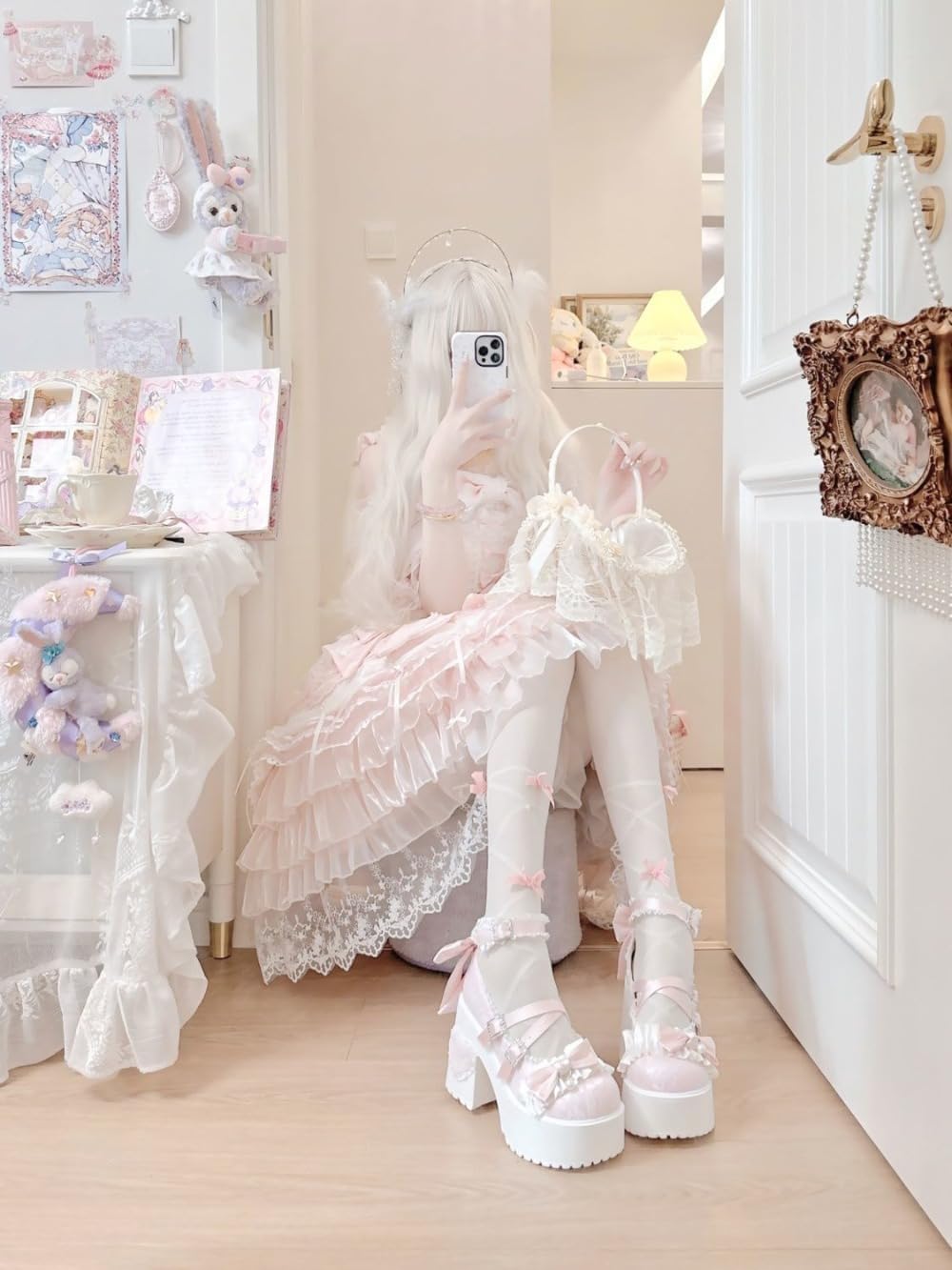 Jirai Kei Platform Emo Shoes Harajuku Lace Ankle Strap Tenshi Kaiwai Heels Mary Janes Cutecore Round Toe Non Slip Chunky Sole Y2K Kawaii Jfashion Goth Punk Lolita Shoujo Outfit for Women Girls