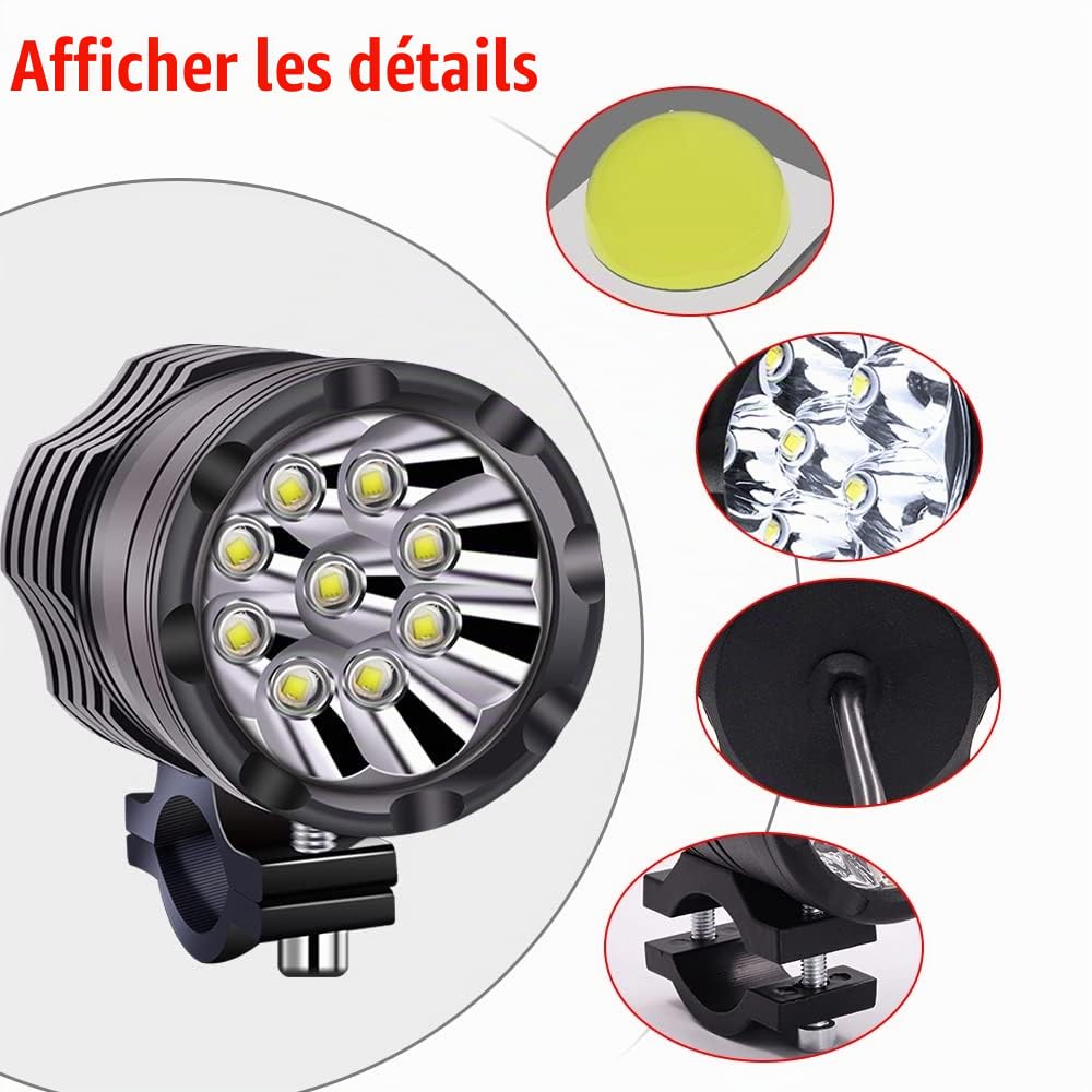 Biqing 90W Phare Moto Feux Additionnels LED,Phares Avant Supplémentaires pour Moto 12V/24V Anti Brouillard Projecteur Spot pour Truck Motos Quad Scooter Avec 22mm Interrupteurs (2)