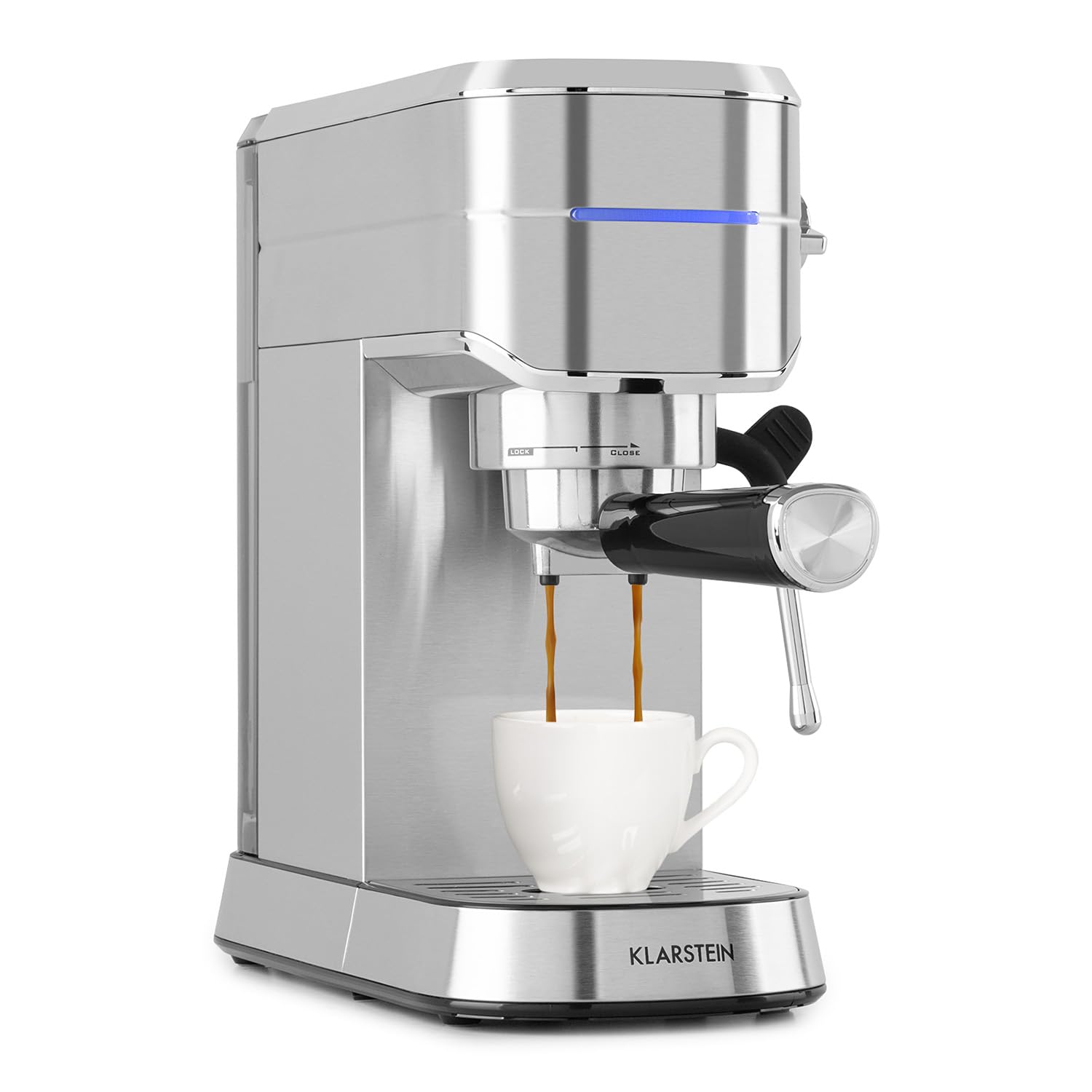 KLARSTEIN Futura - Macchina per Caffè Espresso, per Cappuccino, Macchinetta per Caffé Macinato, 1450W, 20 bar, Qualità Professionale, Sistema Thermo-Block, Doppio Erogatore, Montalatte, Argento