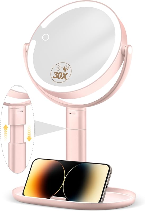 Espelho de maquiagem MOMOKUBA com luzes, ampliação de 30X, altura ajustável, 3 modos de luz, dimerização contínua, rosa
