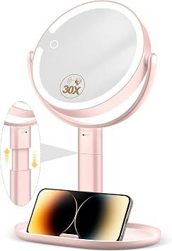 MOMOKUBA Makeup Mirror with Lights, 30X Magnifying & Height Adjustable, Lighted Magnifying Mirror with 3 Light Modes and Stepless Dimming, Vanity Mirrors for Bathroom, Birthday Gift for Women, Pink