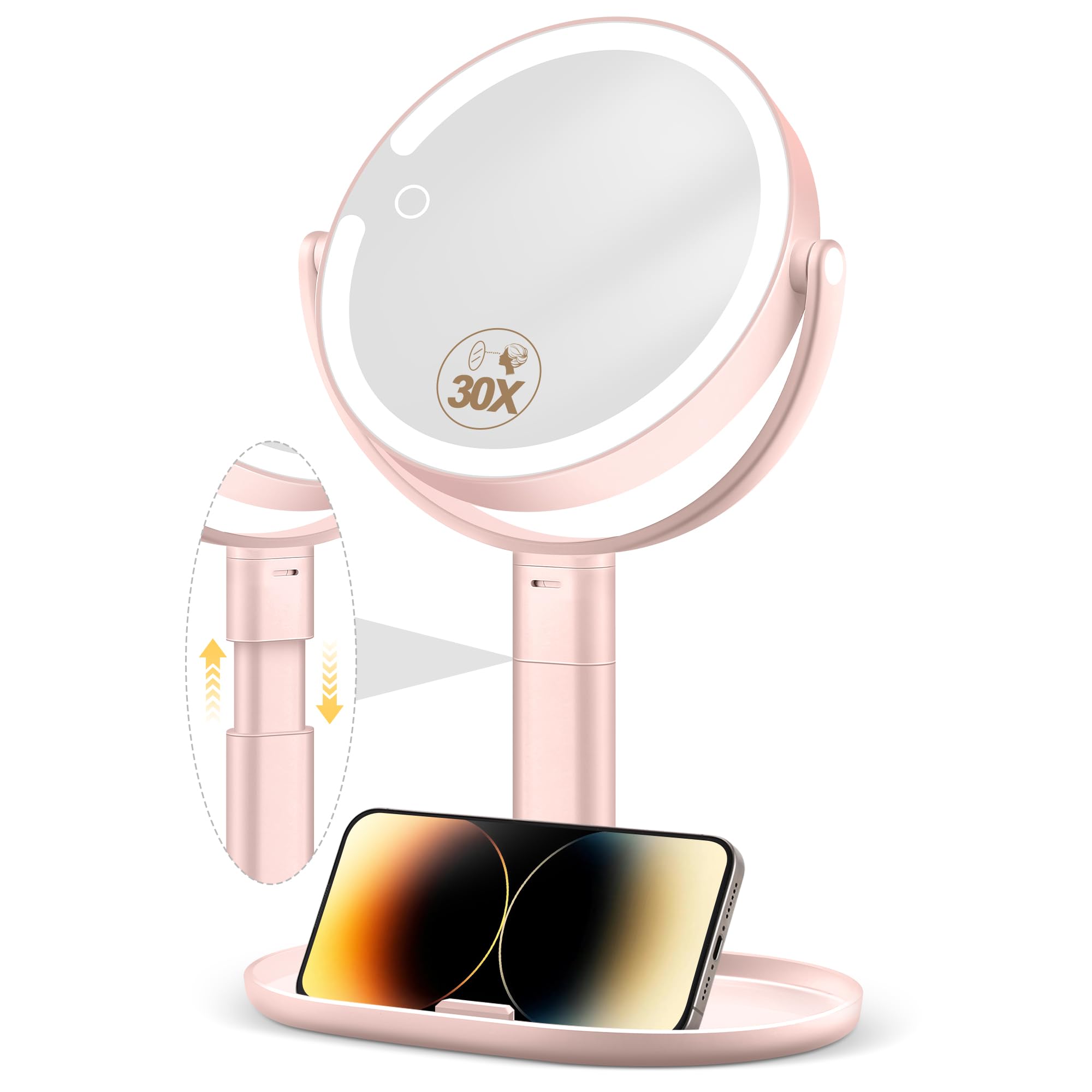 MOMOKUBA Specchio per il trucco con luci, specchio ingranditore a doppia faccia 1x/20x con luce, luci ricaricabili a 3 colori e luminosità regolabile, rotazione a 360° rimovibile (rosa)