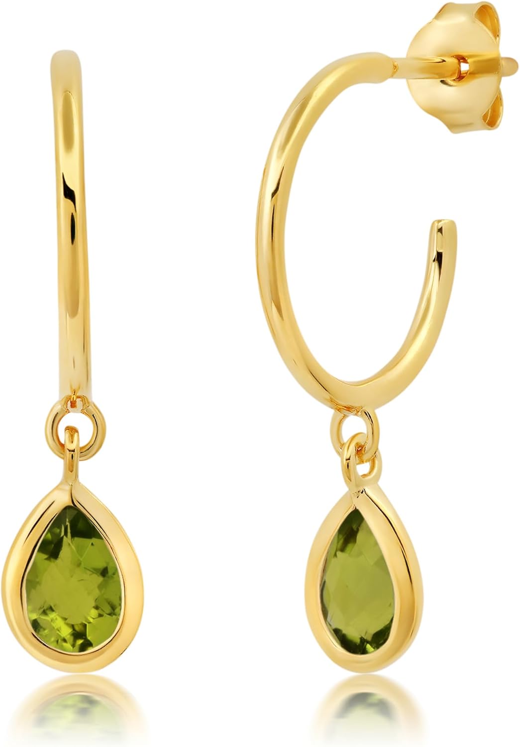 925 Sterling Silver and 14k Gold Plated Open Hoop Earrings for Women with Dangle Pear Shape Peridot May Birthstone 1 Inch Push Back by Nicole Miller Fine Jewelry