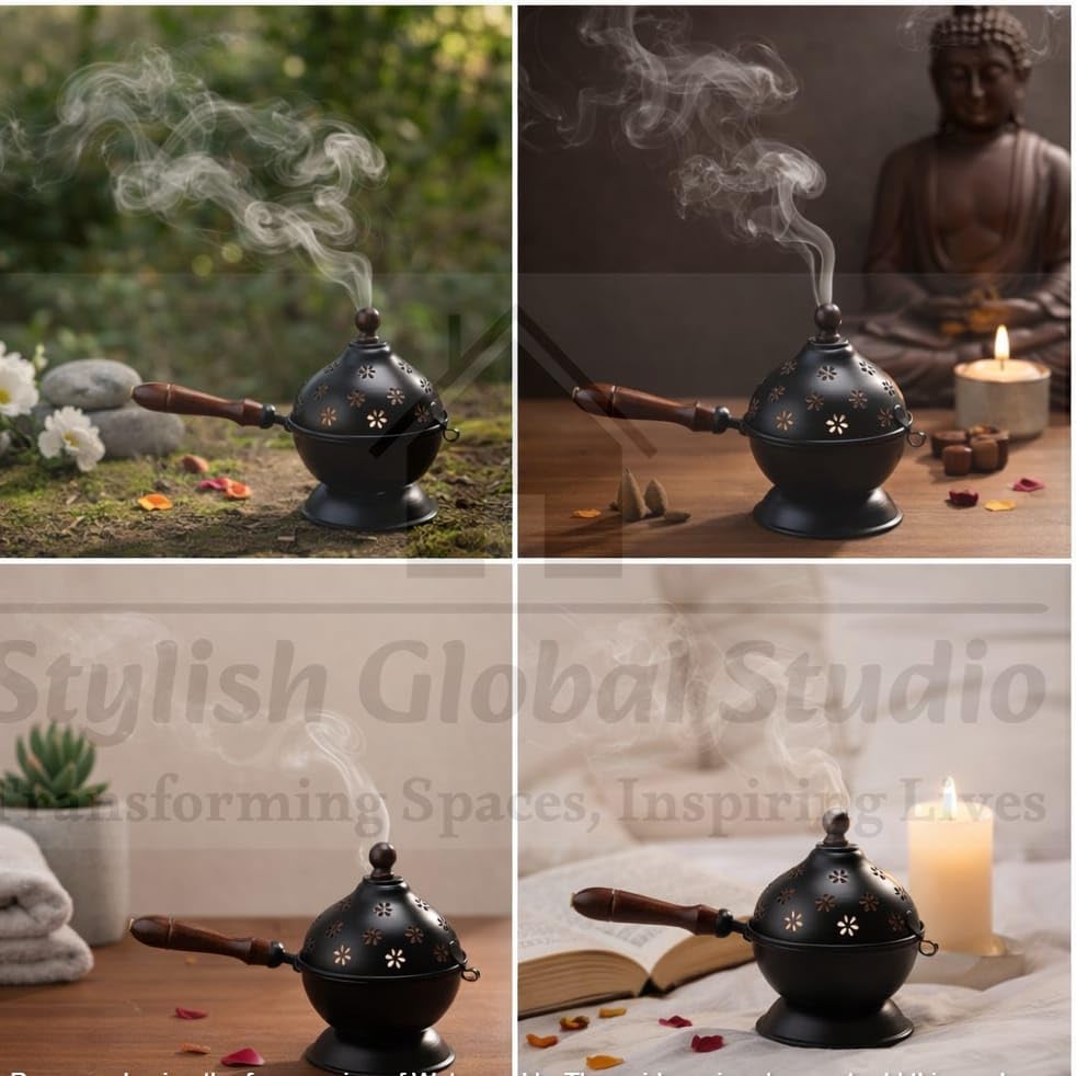 Image of Stylish Metal Dhoop Holder Incense Burner Loban Dani Dhoop Dani Aarti Metal Loban Dhoop Dani /Dhoop Dani Stand Burner for Home Office Temple Puja. (Black)