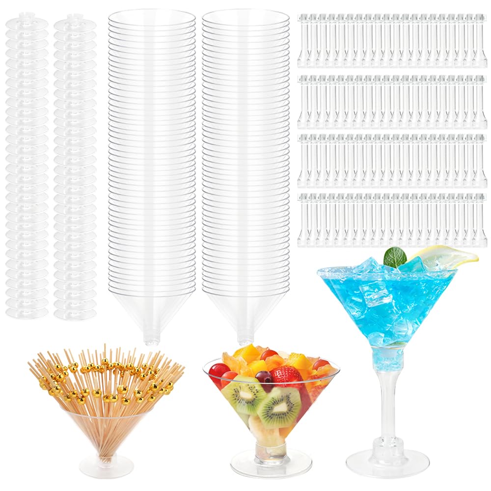 RETON Juego de 100 vasos de plástico para martini, vasos de cóctel reutilizables de 5 onzas, tazas altas de margaritas con 100 palillos de frutas, mini tazas de postre reutilizables para fiestas,