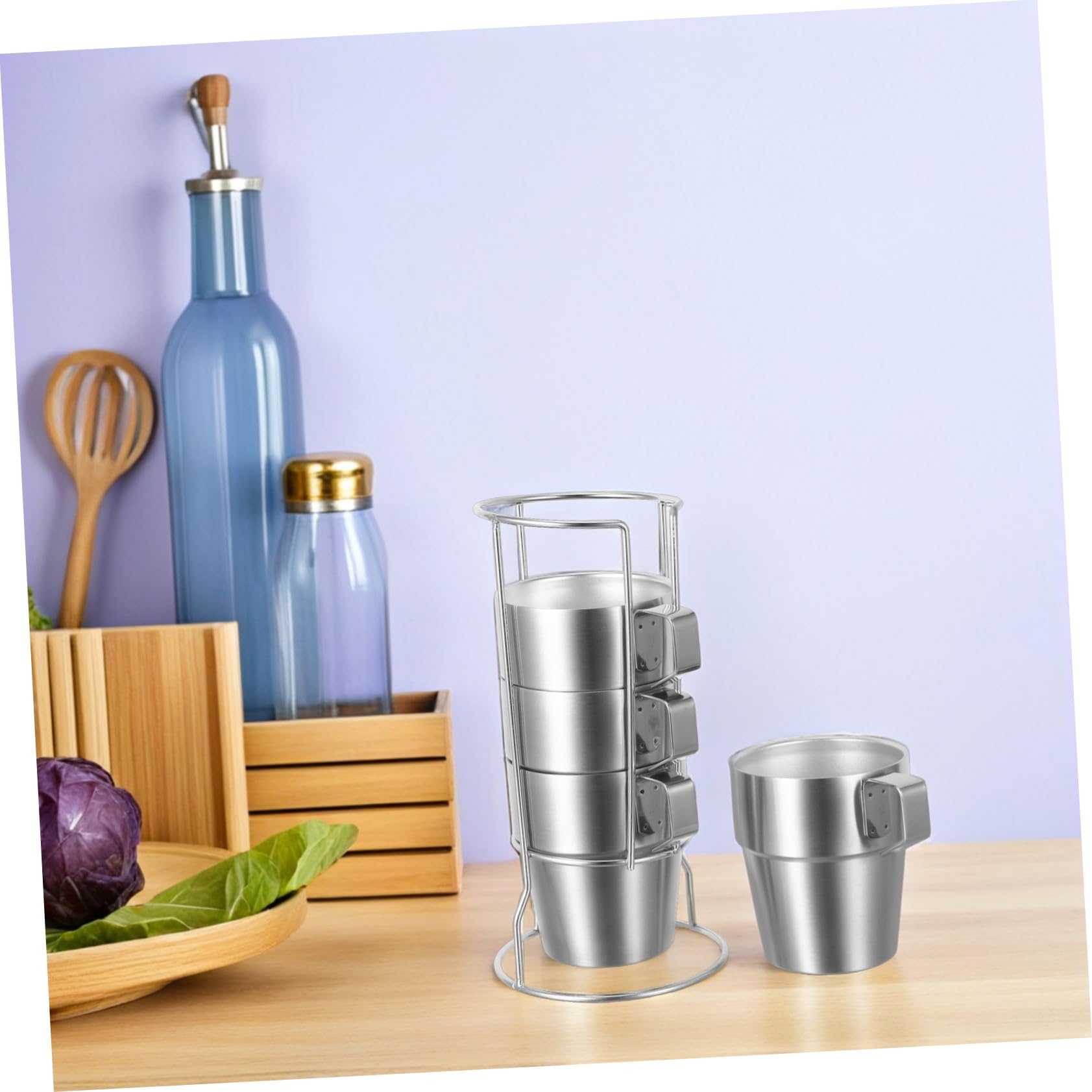 Juego de 4 Tazas Térmicas de Acero Inoxidable 300ml con Asa | Doble Pared, Apilables Rejilla, Plata, para Uso Doméstico y Salidas al Aire Libre