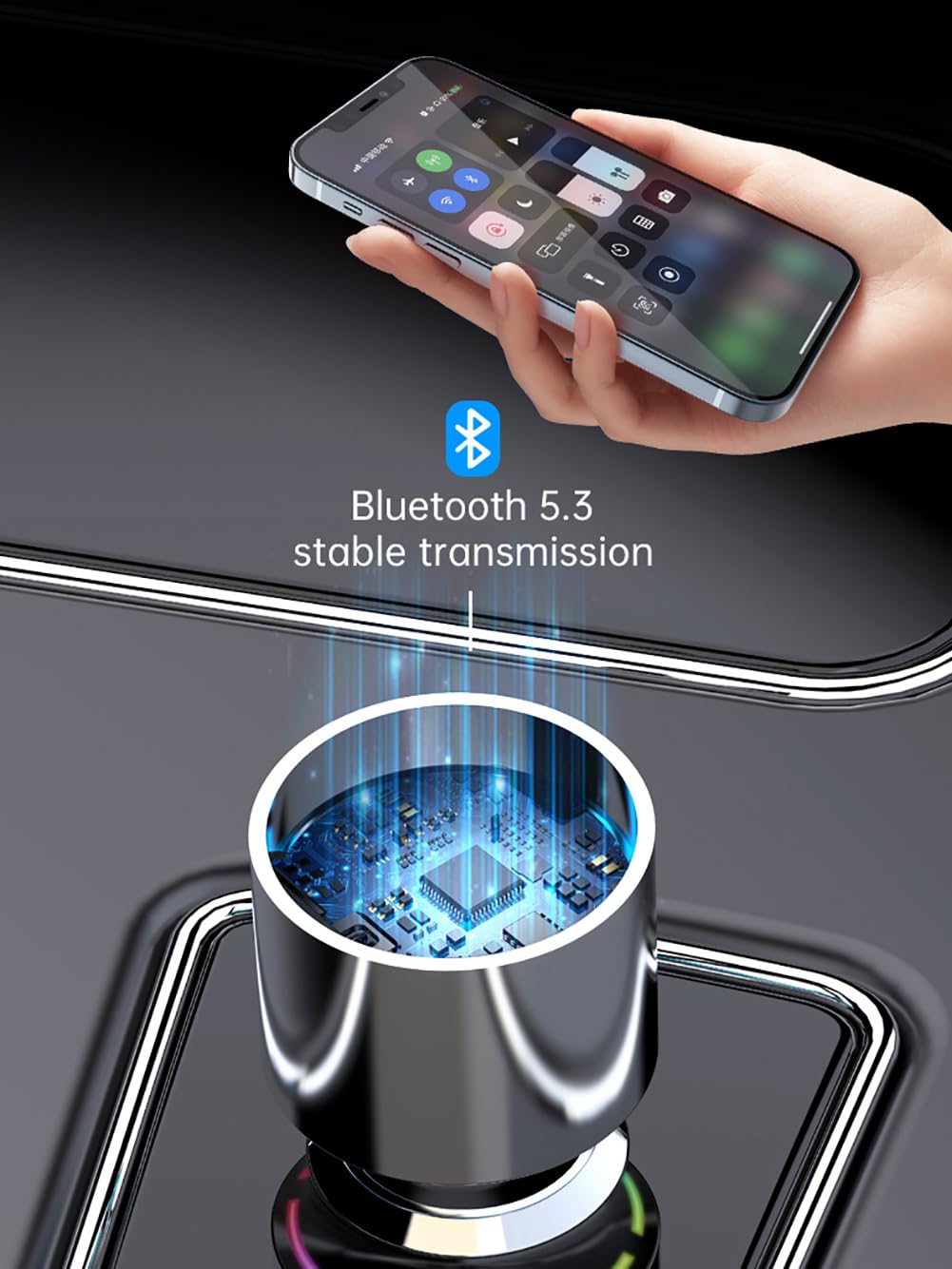 Upgraded V5.3 FM Bluetooth Transmitter Car, Full Metal Bluetooth Car Adapter, Hi-Fi Bass Sound, PD 30W & QC 18W, Handsfree Calls, 7 LED Colors, AUX Output