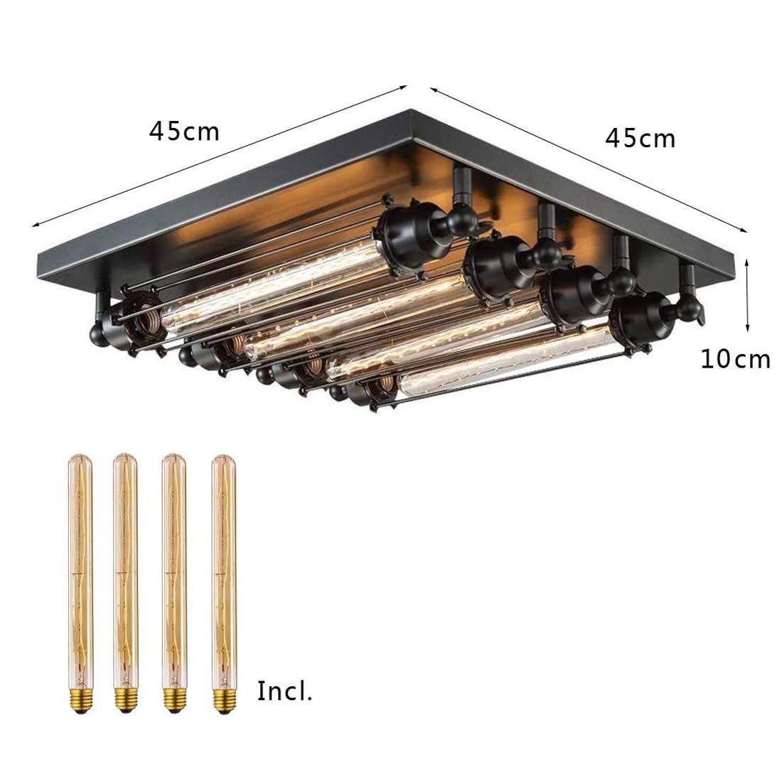 E27 Led-plafondlamp, vintage, industrieel, zwart, punk, loft, metaal, flush mount, rustiek, design, voor woonkamer, slaapkamer, eetkamer, werkkamer, keuken, 4 lampen, inclusief T300 gloeilamp