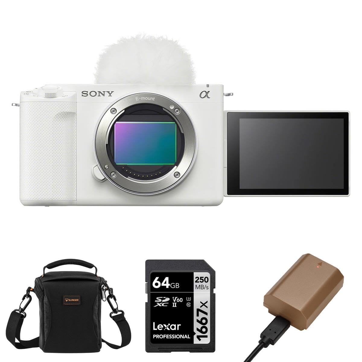 Sony ZV-E1 Full-Frame Interchangeable Lens Mirrorless Vlog Camera, White - Bundle with Alpine 120 Shoulder Bag, 64GB UHS-II SDXC Memory Card, Extra Battery