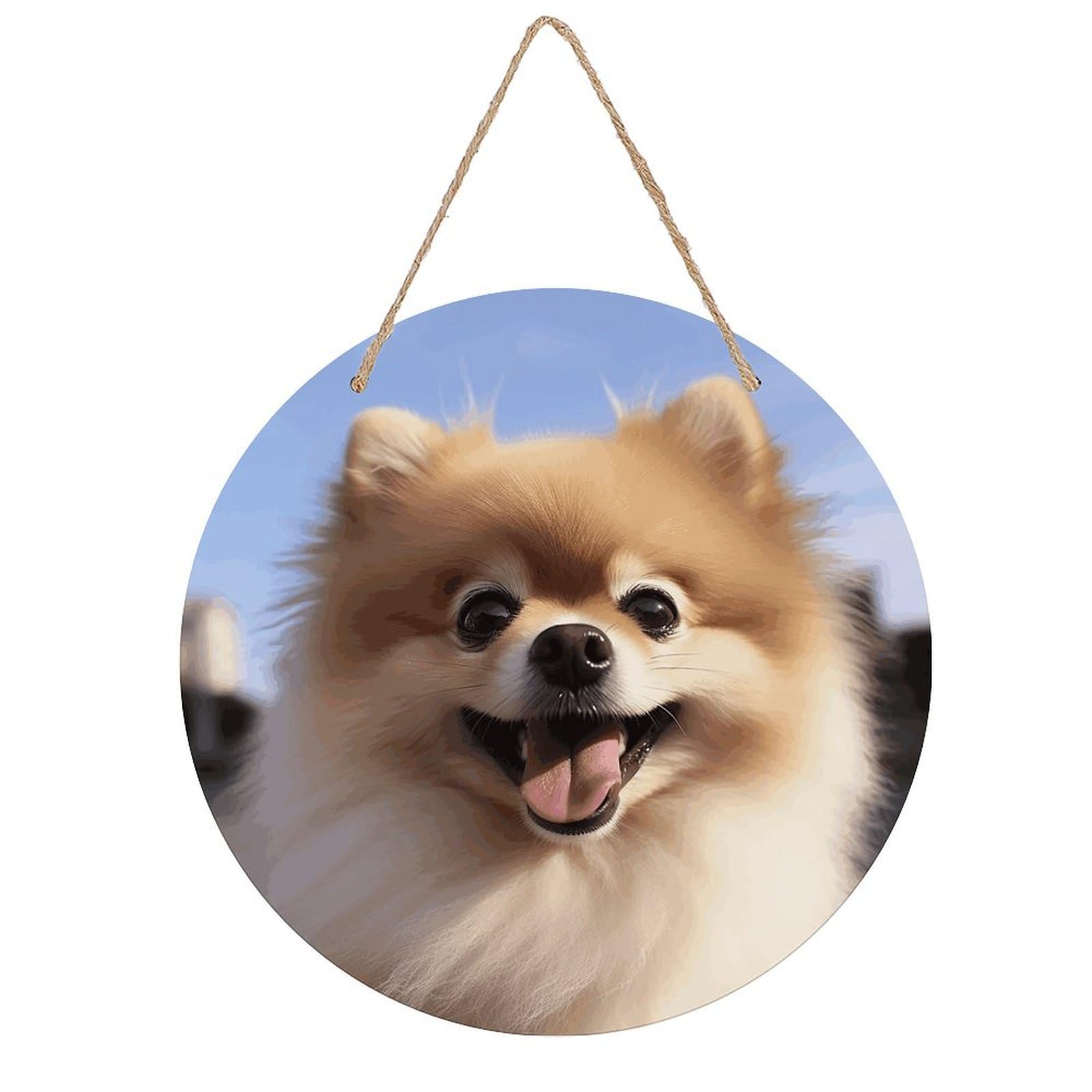VstaDank Happy Pomeranian Wall Art Decor with Ropes Wooden Hanging Sign Hanging Wall Decor Artwork Round Wood Painting Modern Wall Prints Decor Picture for Office Bar Home Decors