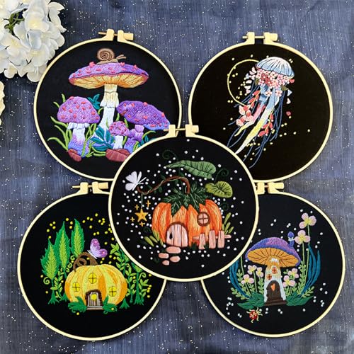 Image of FONNUY Crewel Embroidery Kit for Beginners, Pre-Stamped Pattern Kits for Adults with Hoop, Easy to Follow Color Thread Needlework, 8'' Hoop (Mushroom A)