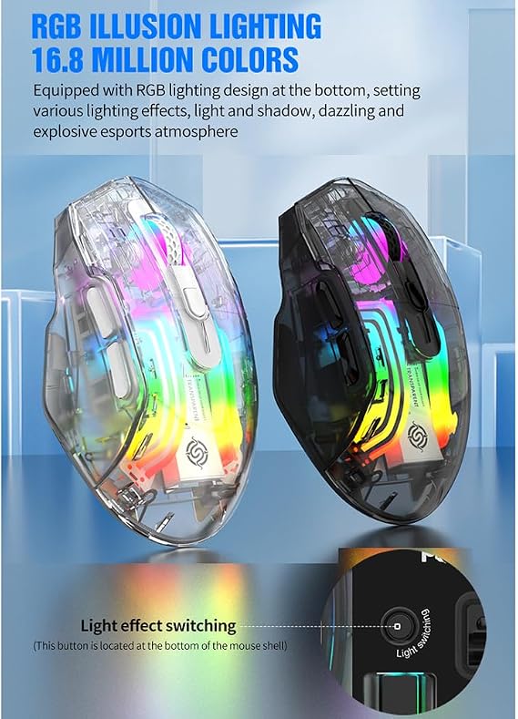Docooler Wireless Gaming Mice with Transparent Crystal Shell, Tri-Modes(USB Wired+2.4G Wireless+Bluetooth), 3600DPI Adjustable E-Sports Mice, RGB Slient Mouse with Ergonomics Design - White/Black