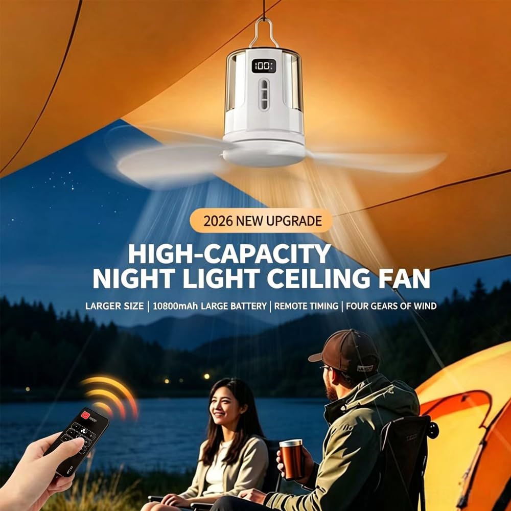 Ventilatore da soffitto con illuminazione da campeggio, ricaricabile, con luce e telecomando, USB, timer, ventilatore portatile, batteria per esterni, gazebo, terrazza