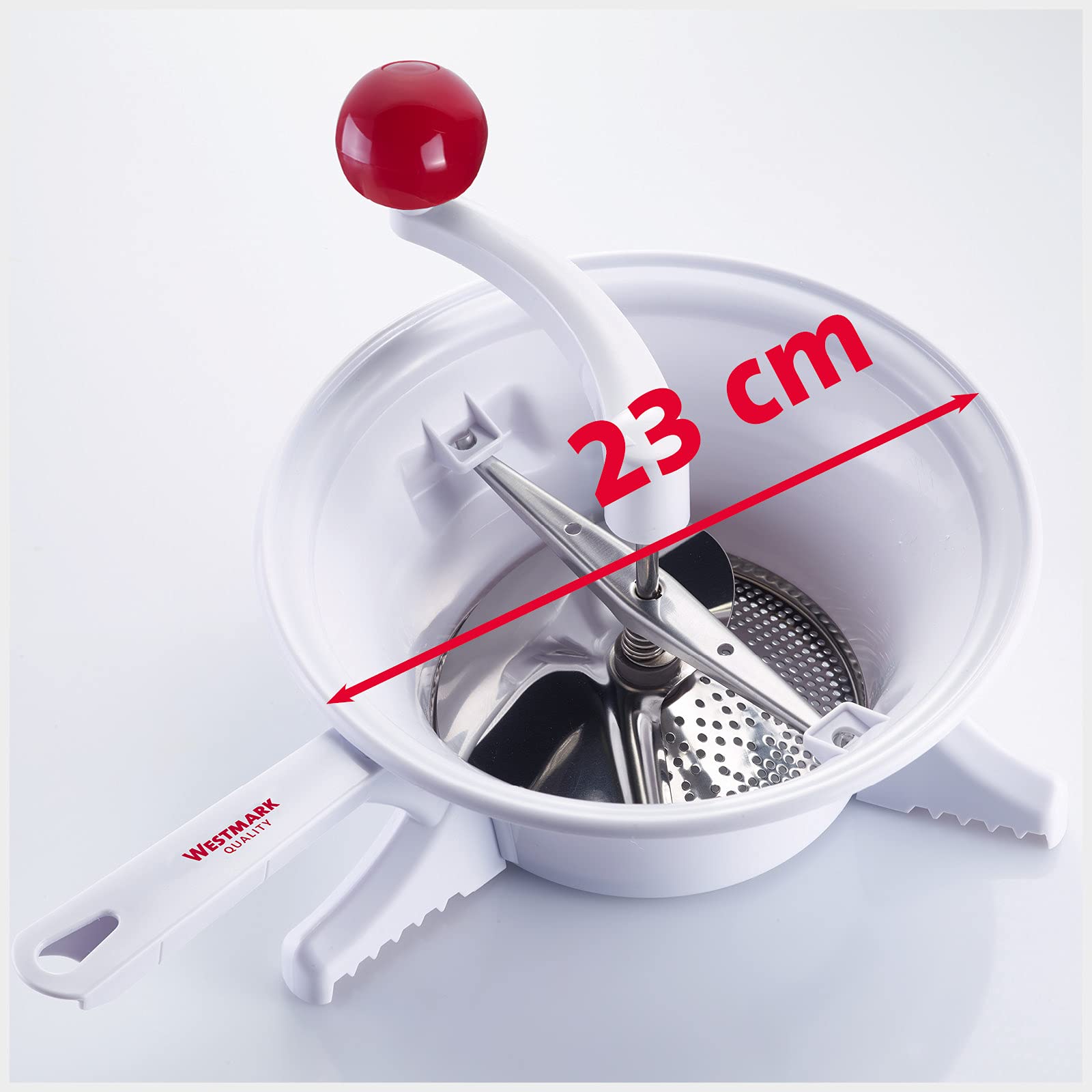 Westmark Einkoch-Set, 1 Passiermaschine/Passe-vite mit 2 Lochscheiben + 1 Einmach-/Marmeladen-Trichter, ABS/PP/Rostfreier Edelstahl, Weiß/Rot, 119622E6