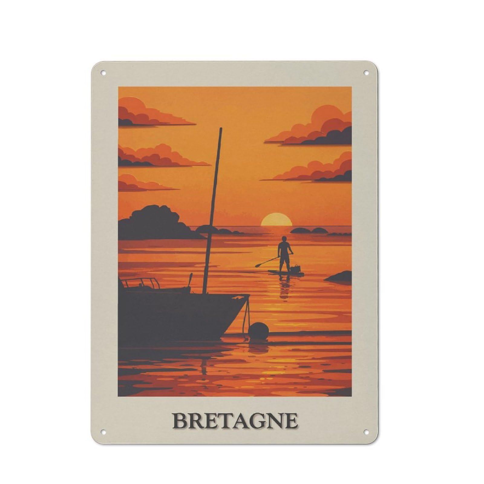 Junmoney Style-9 Metal Wall Sign 40X30cm Featuring Bretagne Sunset Paddleboard Silhouette For Hallway Wall, For Vintage Wall Decor Fans, For Cafés, Pubs And Restaurants