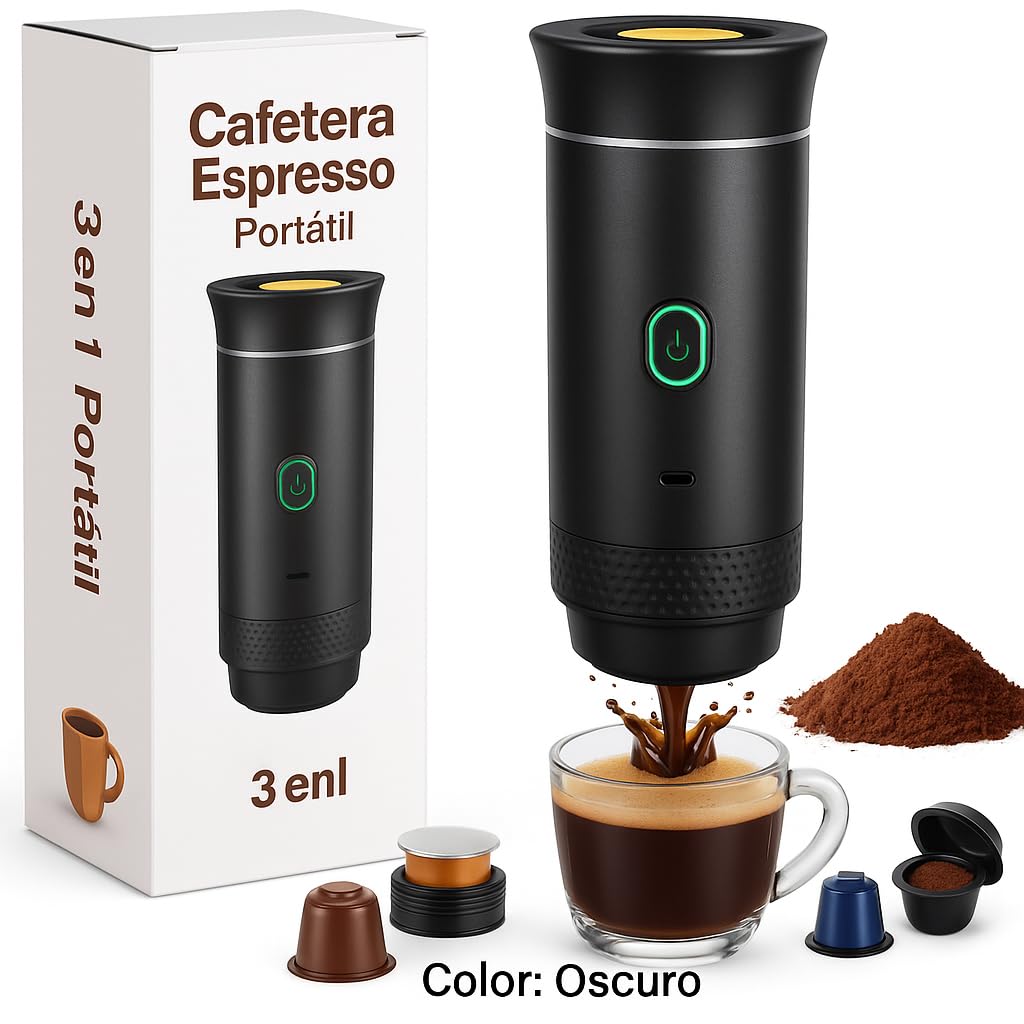Genérico Cafetera Portátil Cápsulas 3 en 1 – Compatible con Cápsulas Pequeñas y Grandes + Café Molido – Autocalentamiento Rápido – Ideal Viajes, Oficina y Camper. (Negro)