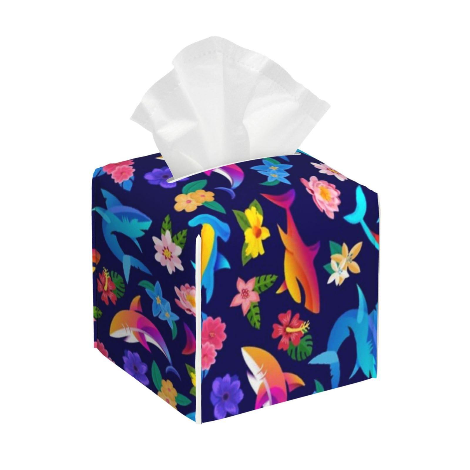 Tropical Flower Shark Pattern Tissue Box Cover 5" Square Leather Tissue Holder Facial Tissue Case for Tabletop Bedroom Bathroom Desk Decor