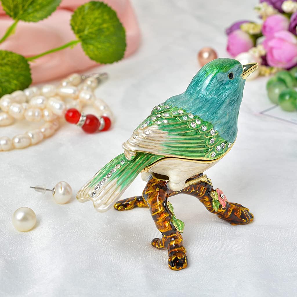 Golden Crystal Enameled Bluebird Jewelry Box, Hand-Painted Hinged Mountain Bluebird Trinket Box, Elegant Home Décor & Unique Gift for Bird Lovers