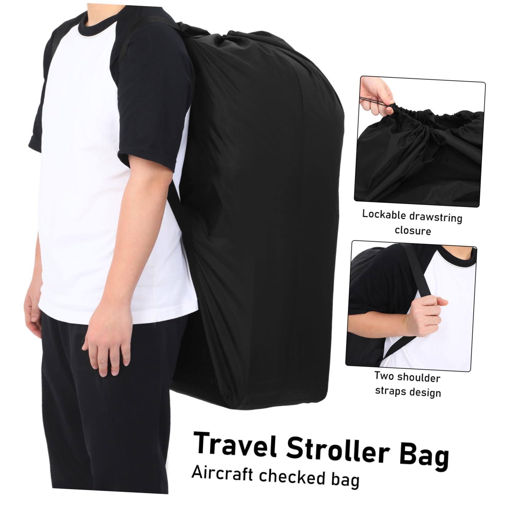 Borsa da Viaggio Chiusura a Coulisse Bloccabile in Nylon Nero per Passeggino e Cuciture Rinforzate Doppia Tracolla per Viaggi in Aereo e Lunghe Trasferte