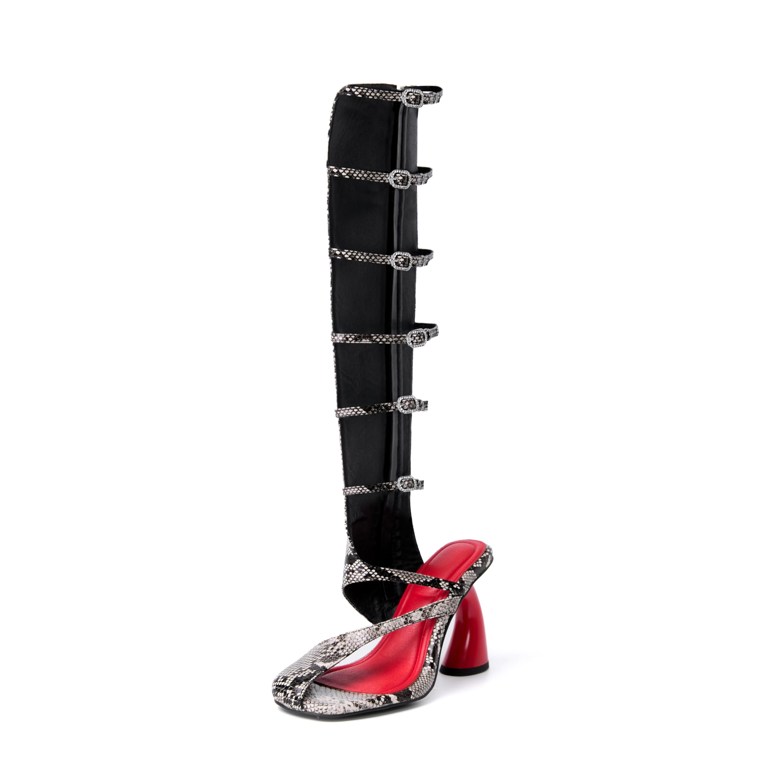 Winforea Women Square Toe Strange Style Summer Boots Ladies Ankle Strap Crystal Snake Printing zipper Tall Boots