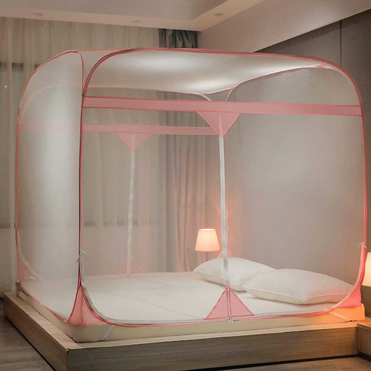 Mosquito Net for Bed, Pop Up Portable Bed Canopy Double Door with Bottom Anti Mosquito Bites for Bed Camping Travel Easy to Setup,Pink,1.35×1.98×1.5m