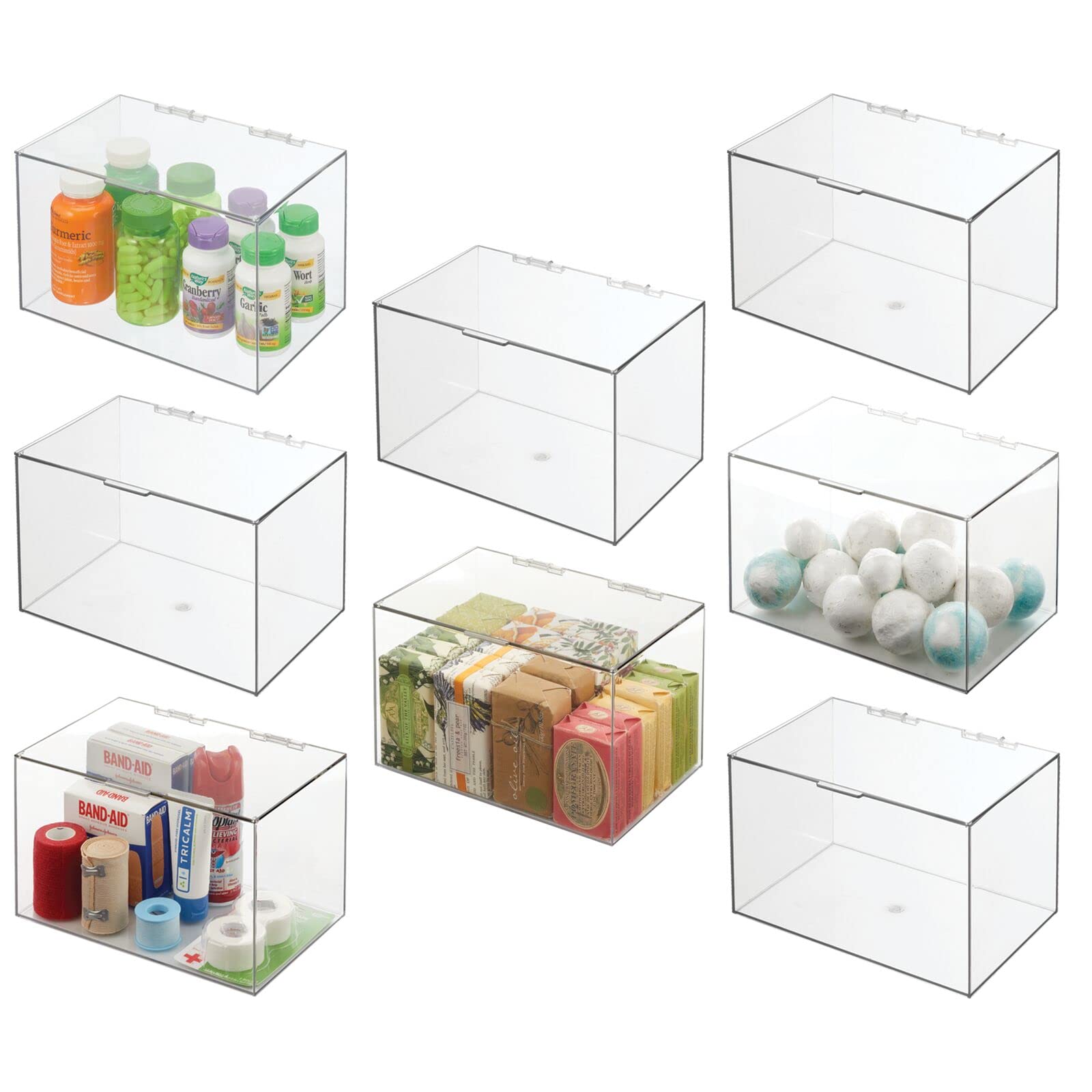 Photo 1 of mDesign Bathroom Plastic Stackable Storage Display Container Box with Hinged Lid - Cabinet, Vanity Organizer for Toiletries, Makeup, First Aid, Hair Accessories, 6.5" High, 8 Pack - Clear 8 Clear