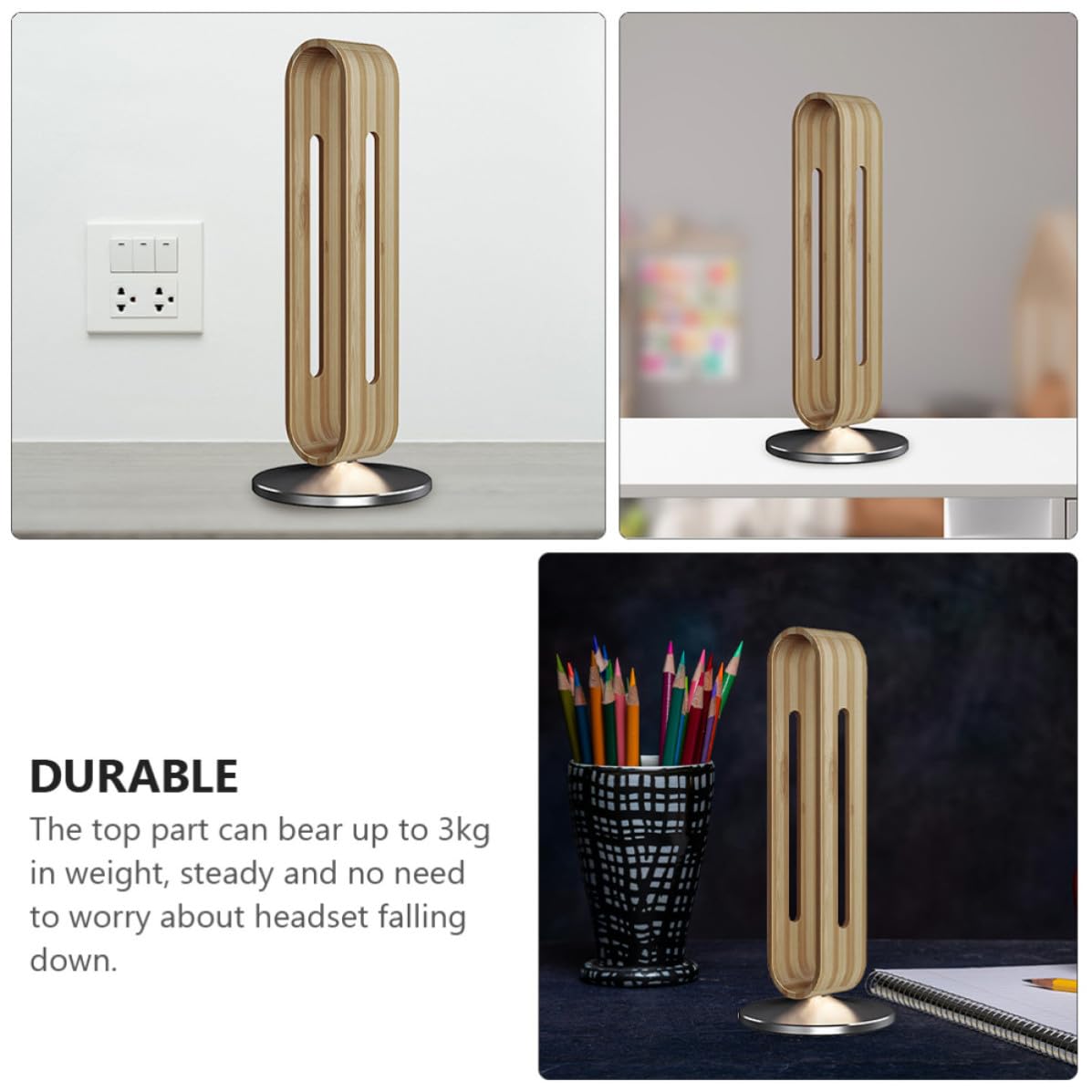 SHINEOFI Supporto per Cuffie da Scrivania in Lega di Alluminio, Stabile | Base in Silicone, Design Semplice Vibe Artistica, Portata Fino a 3kg, Finitura Bambù