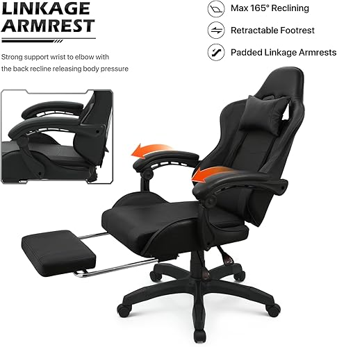 Miniatura 7 de MoNiBloom Silla de juegos con reposapiés, silla de videojuegos de respaldo alto con reposacabezas y soporte lumbar, silla giratoria de cuero
