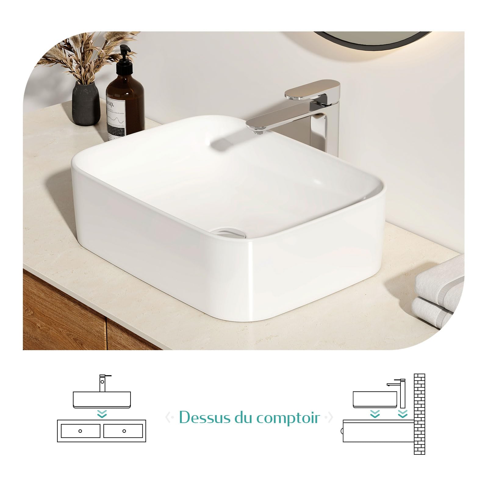EMKE Lavabo à Poser Rectangulaire 61 × 38 × 15 cm, Vasque pour WC Invités, Bassin à poser en céramique pour lavabo, lavabo de salle de bain,Blanc