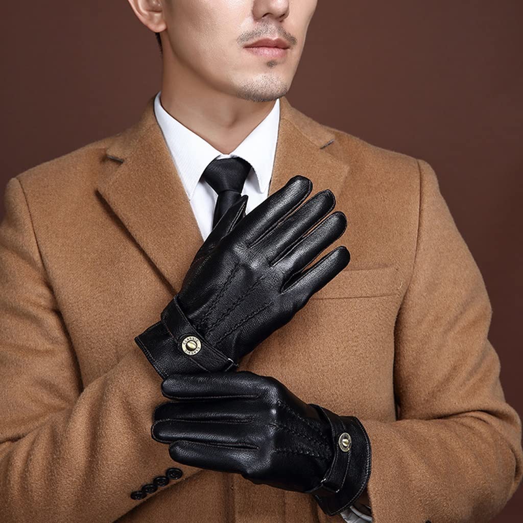 RWRAPS Guantes de cuero para hombre a prueba de frío para motocicleta, al aire libre, otoño, a prueba de viento, pantalla táctil, guantes gruesos y cálidos (color negro, tamaño: L código 23 cm)
