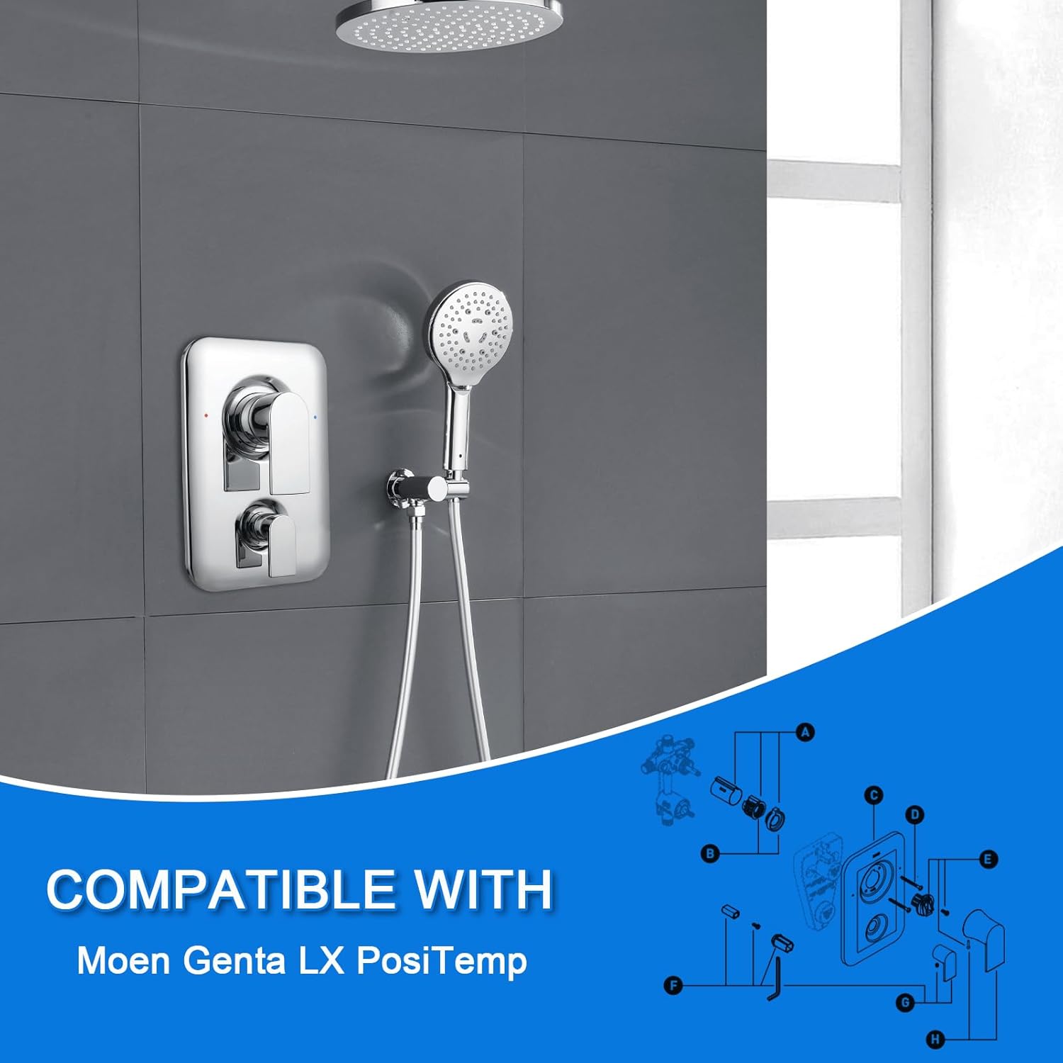 T2470 Chrome Shower Handle 3-Function Transfer Valve Shower Trim Kit, Compatible with Moen T2470 Genta LX Posi Temp Series, 2521, 2551, 2571, or 2581 Valve Required (Valve Not Included)