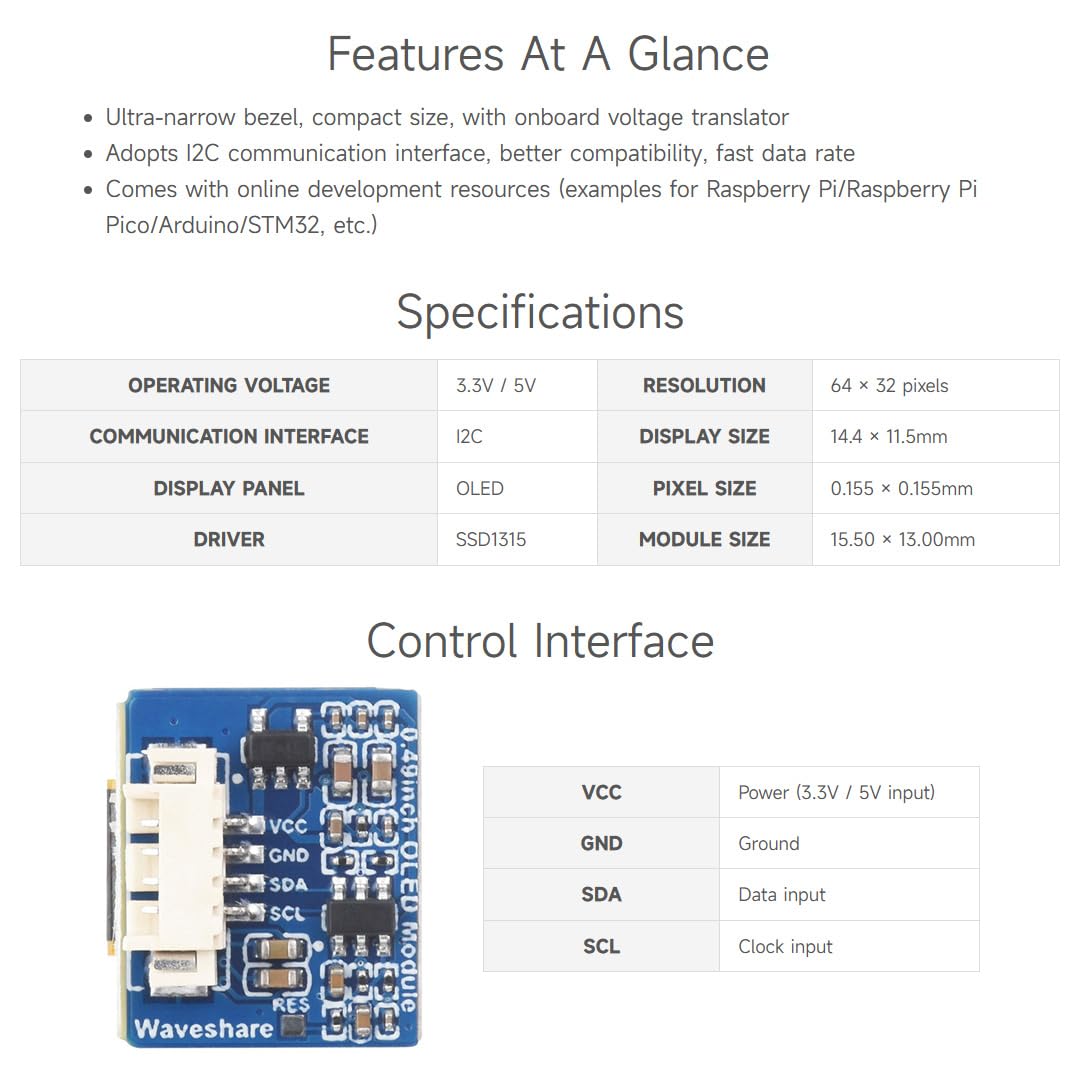 Waveshare 0.49inch OLED Display Module, 64×32 Resolution, I2C Communication, Black/White Display Color, for Raspberry Pi/STM32 and Other Controller Boards