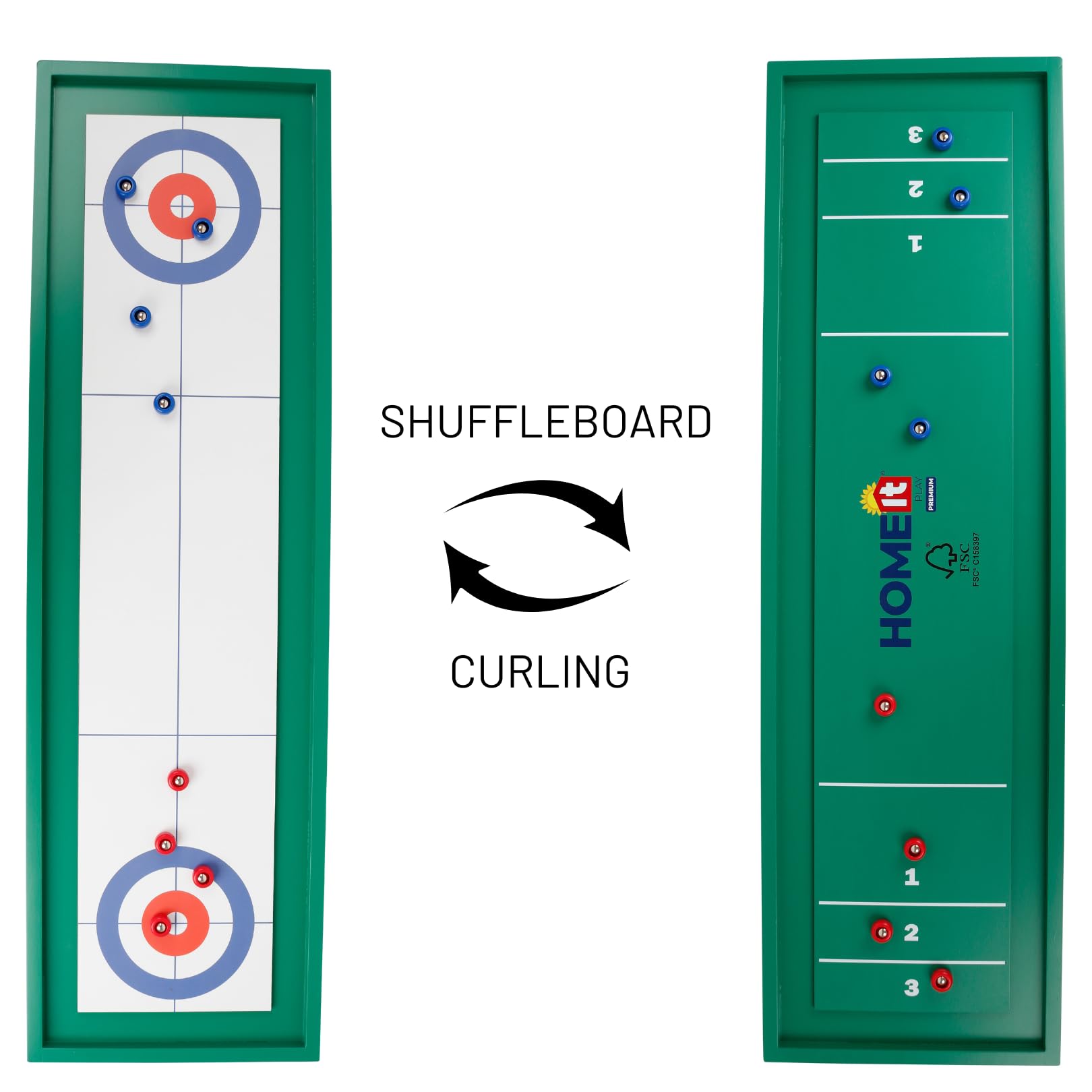 HOME It® Shuffleboard de madera reversible con 4 discos rojos y 4 discos azules - 115 x 34 x 4 cm (largo x ancho x alto)