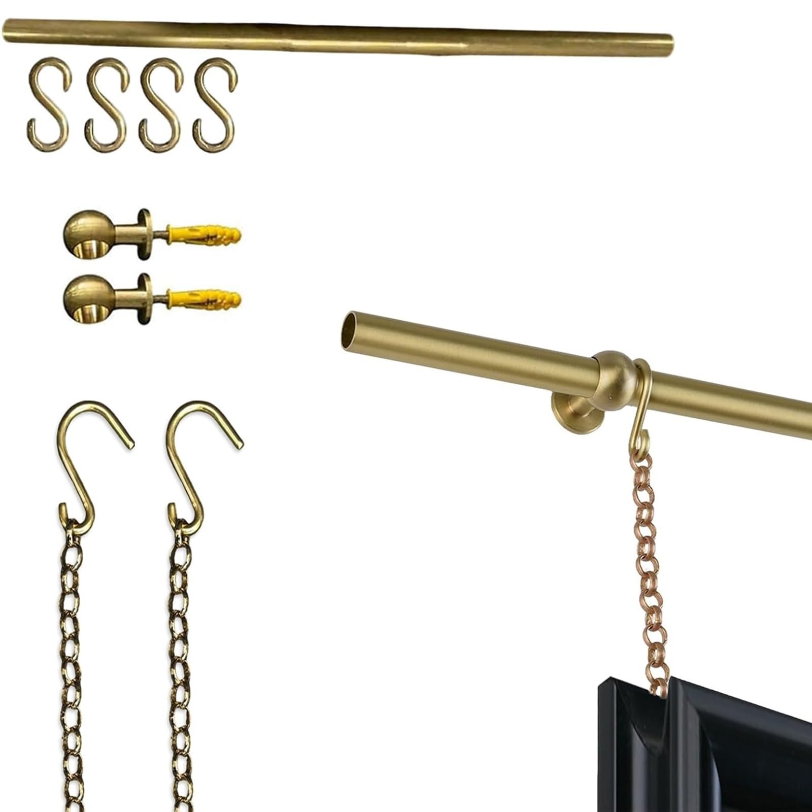 Xxbbyubo Gold Brass Gallery Rail System, Antique Brass Picture Hanging Wire Kit, Picture Hanging Track with Chain/Hooks, for Home Villa, Painting, Mirror(90cm Rod)