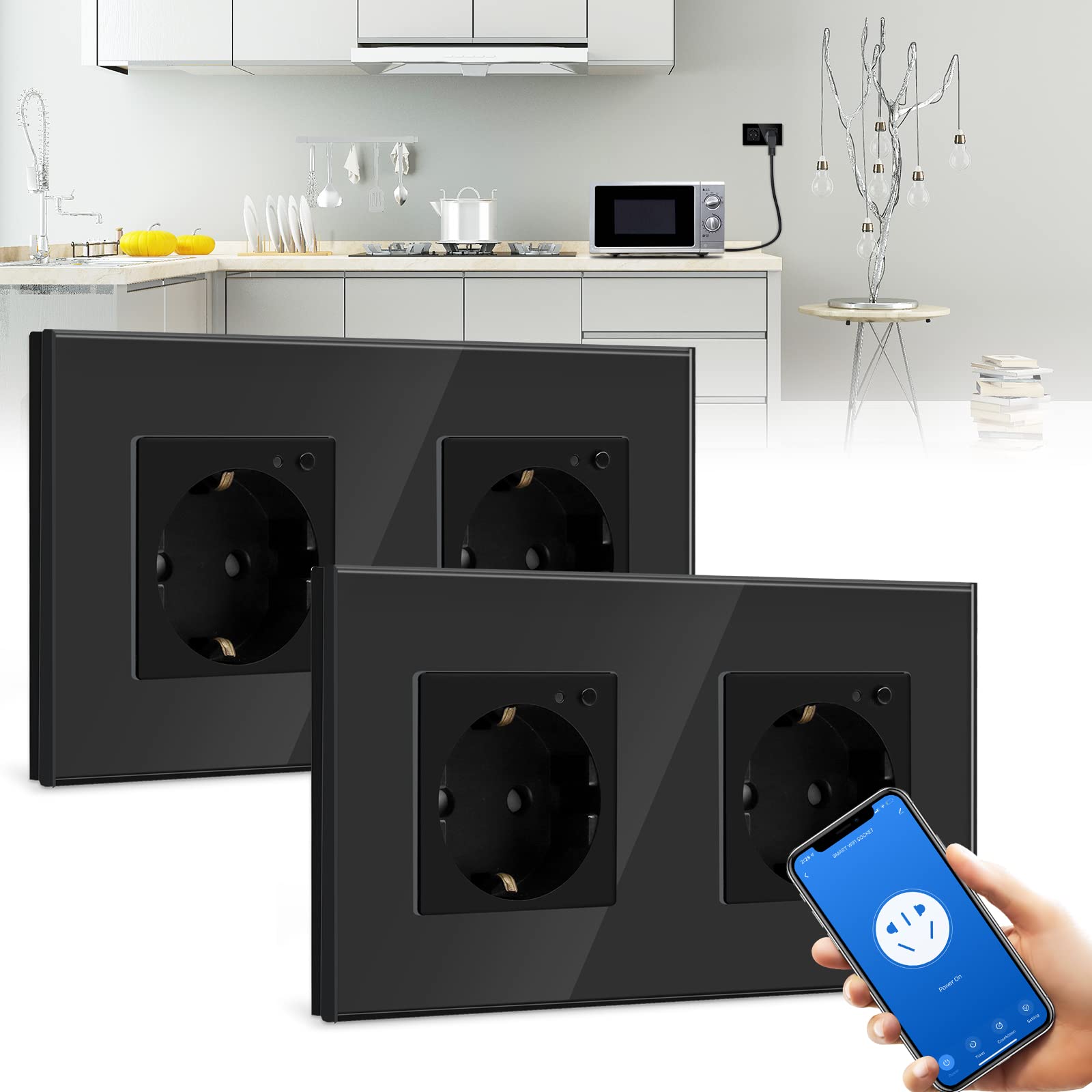 BSEED BSEED Enchufe Doble de Pared WiFi,Schuko Enchufe inteligente Compatible con Alexa y Google Home,Control de APP y Función de Temporizador,protección de contacto,16A Negro-2 Paquete