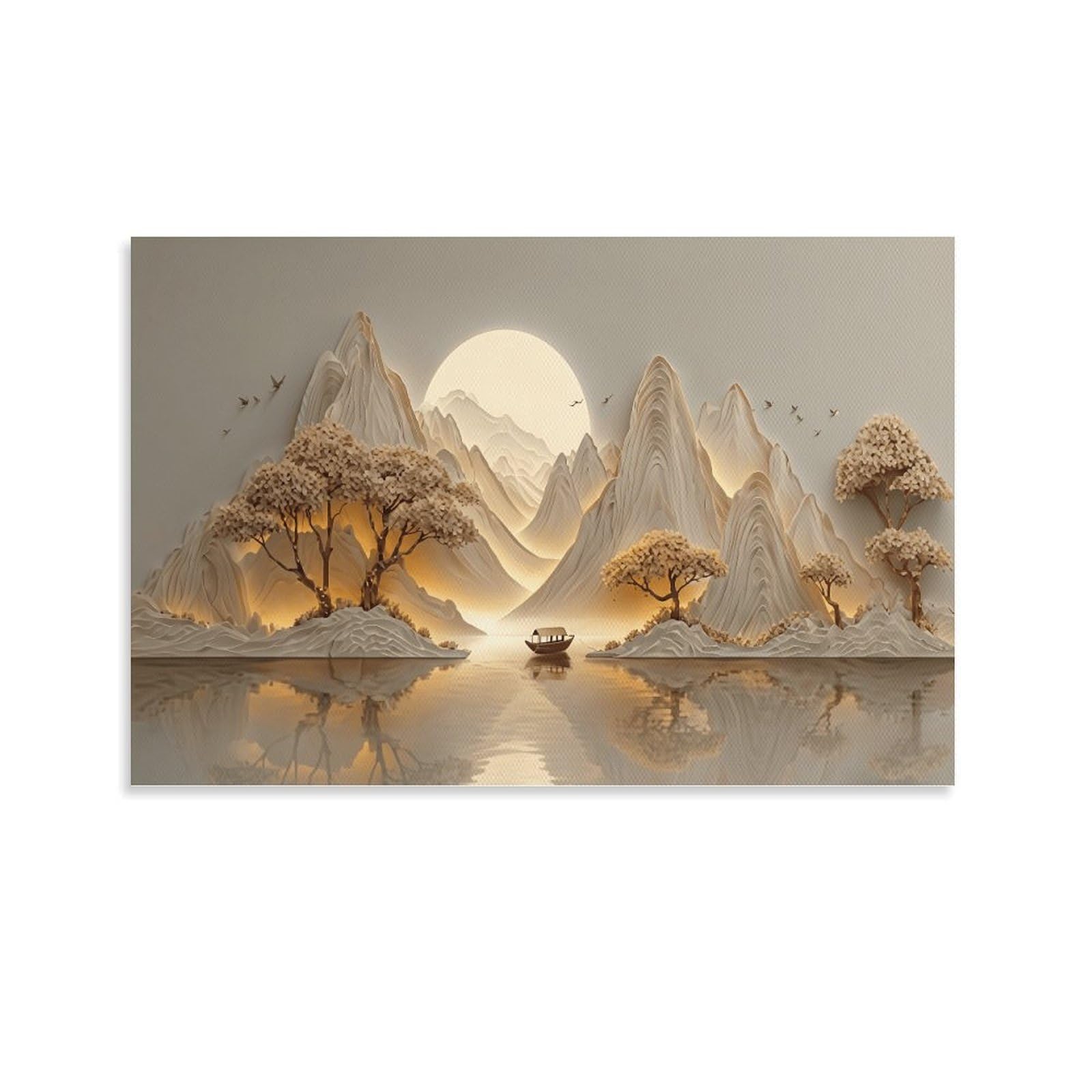 XPASHIQWC New Chinese Relief Landscape Warm Light Poster Artwork Giclee Canvas Prints Modern Canvas Wall Art Picture Wall Hanging for Bedroom Living Room Decor 20x30inch(50x75cm)