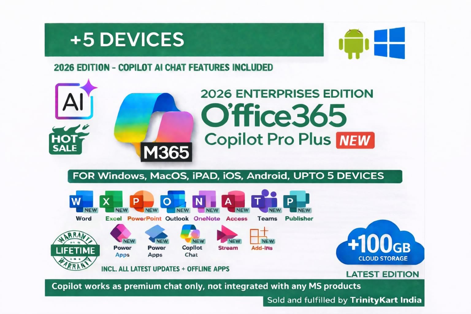 O'ffice365 Pro Plus Edition 2026 with AI Chat, 5 Devices Lifetime Validity, Windows/MacOS/iOS/Android, 100 GB Cloud Storage, Quick Installation Support.