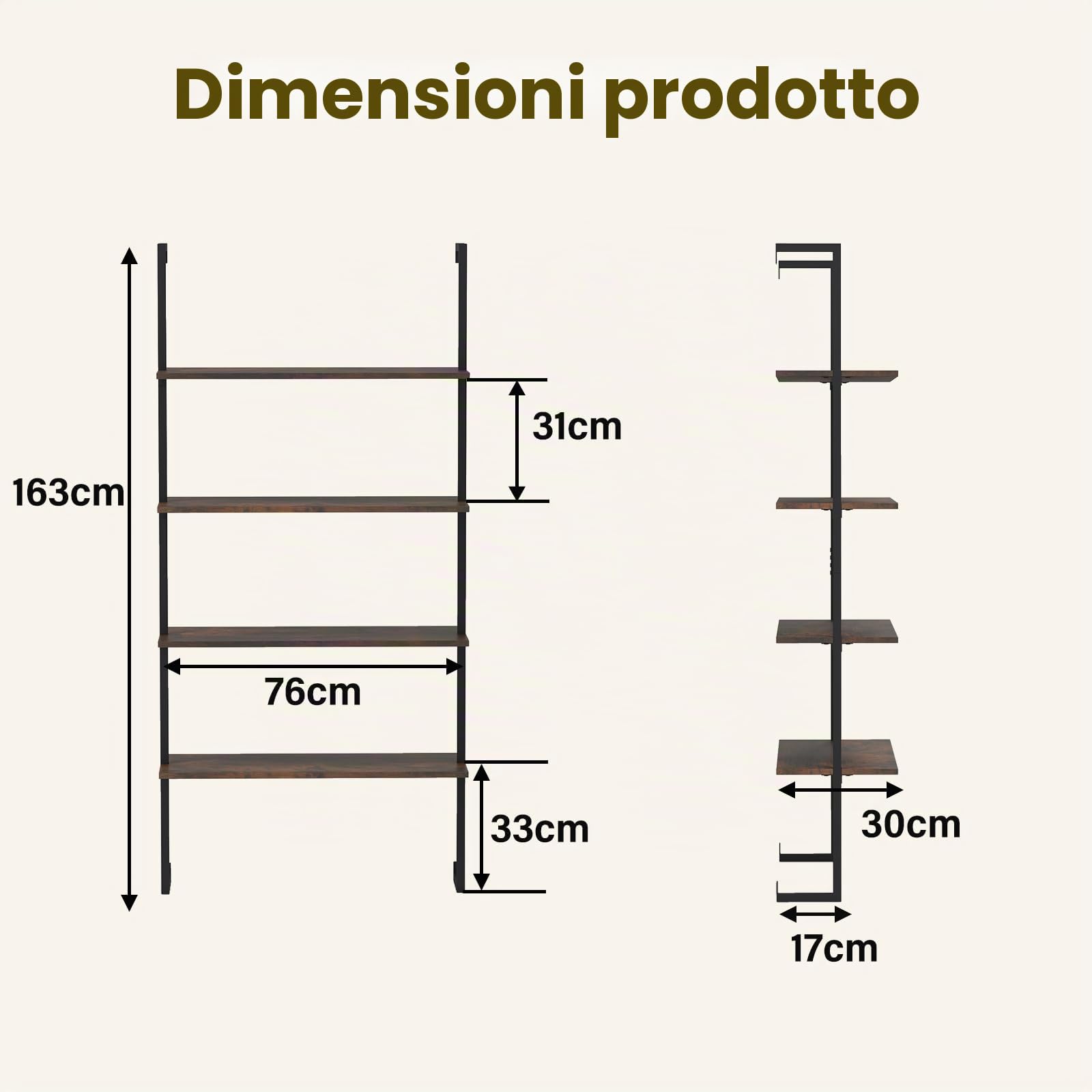 GIANTEX Mensola da Parete a 4 Ripiani, Scaffalatura Aperta con Telaio Metallico, Stile Industriale Sospeso, Salvaspazio 76 x 30 x 163 cm, per Cucina, Soggiorno, Camera e Ufficio