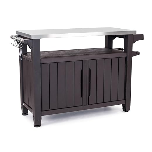 Keter Outdoor Rolling Table Cart for Food Prep, Storage, Bar & Grill, Dark Brown - Portable Kitchen Island Tabletop with Wheels for Drinks, Snacks, and Cooking