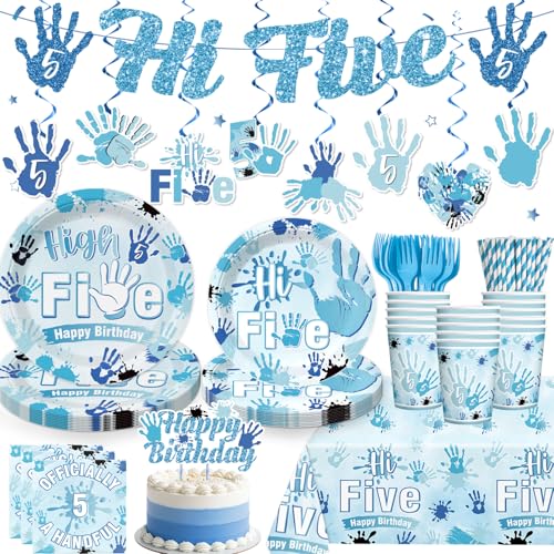 132pcs 5th Birthday Decorations for Boys, Blue Hi Five Birthday Party Decorations Boy Include Plates and Napkins Set, Banner, Hanging Swirls, Tablecloth, Cake Topper, Serves 20 Guests