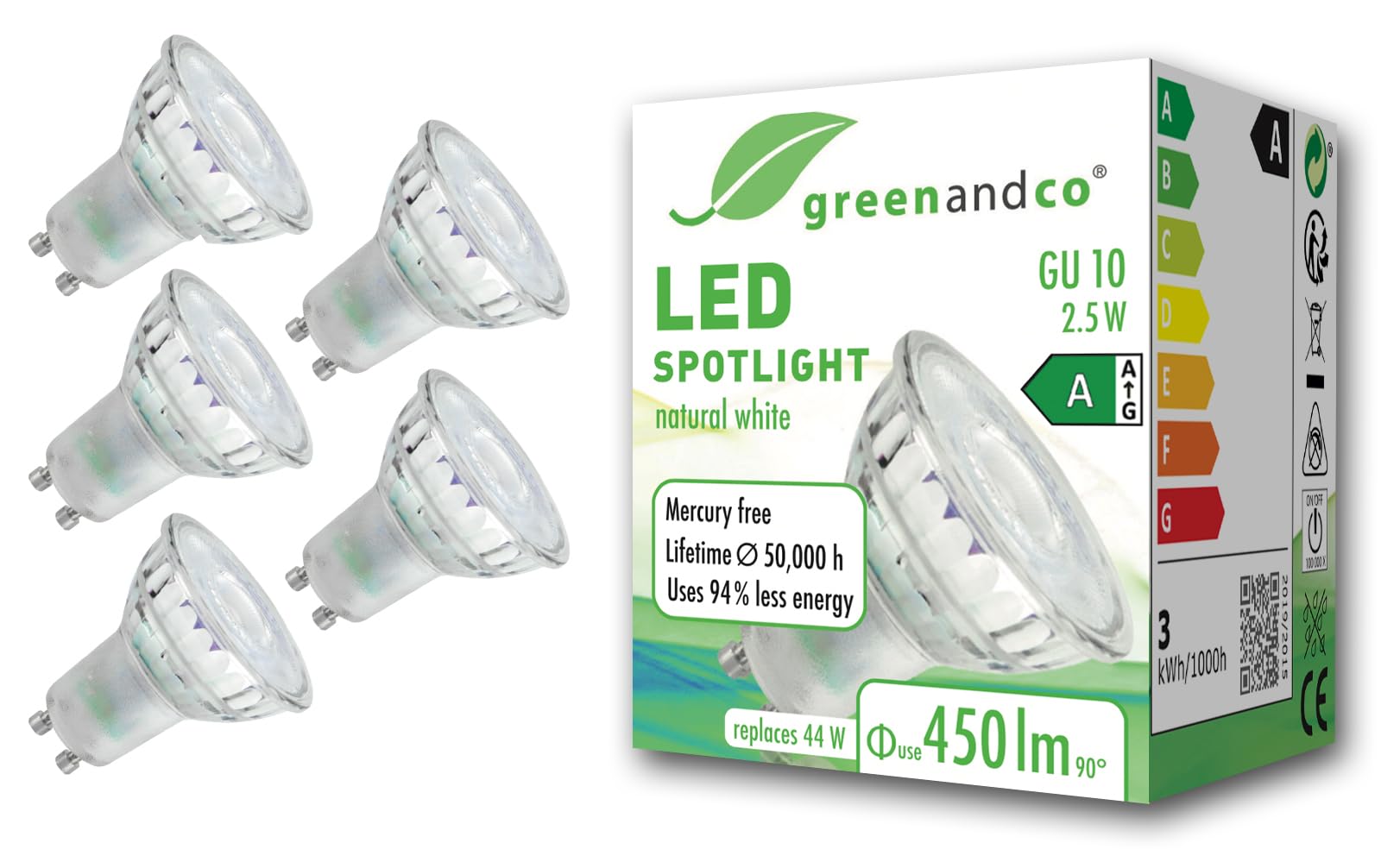 greenandco5 x LED spotlights, GU10, 2.5 W, 450 lm, 4000 K, neutral white, 36°, 230 V, flicker-free, energy efficiency class A, not dimmable