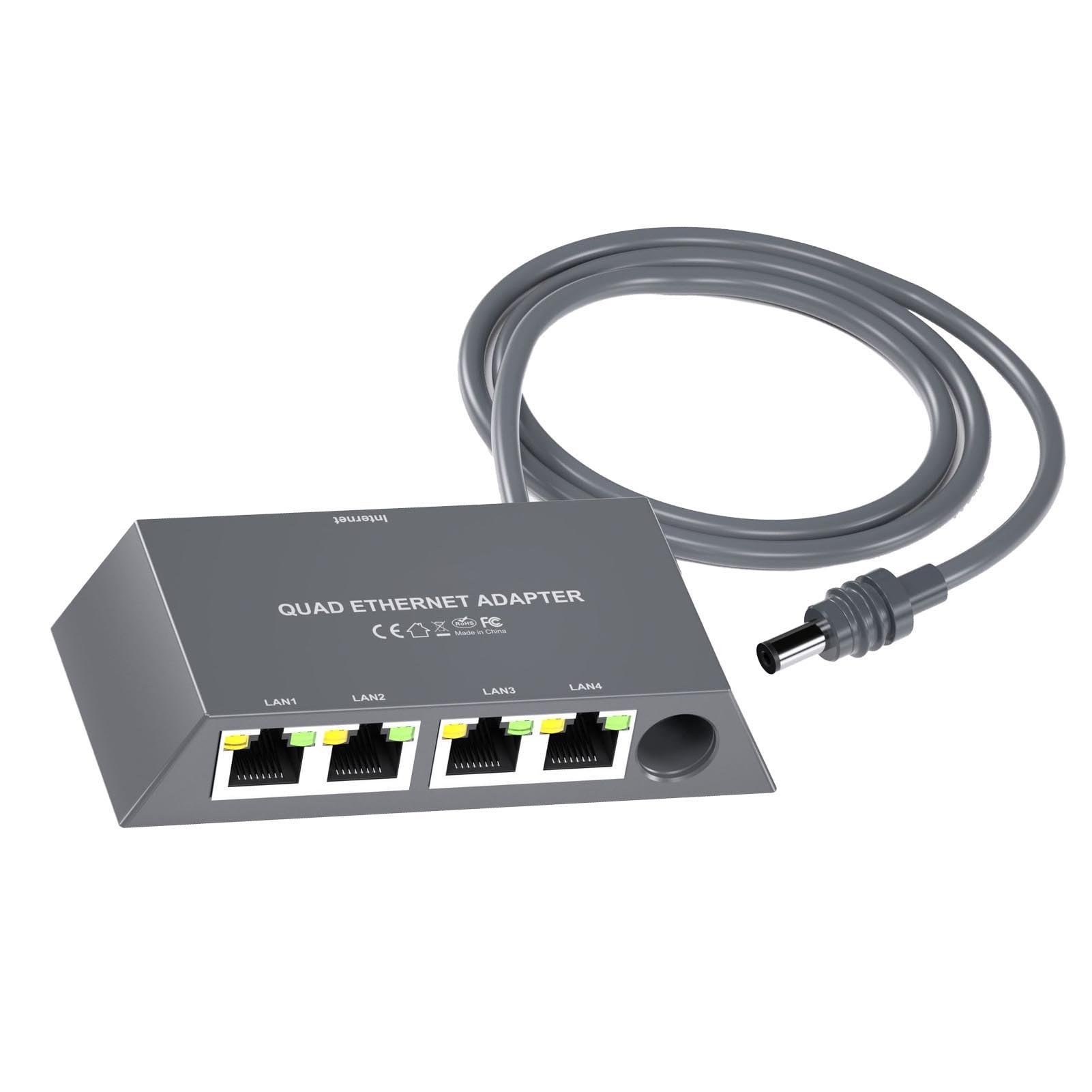 Adapter Ethernet 3. Generacji, 4-portowy Adapter Sieciowy z Kablem Ethernet, Przewodowe Zewnętrzne Urządzenie Sieciowe ze Stabilnym Połączeniem, Idealny dla 4 urządzeń Połączonych w sieć o
