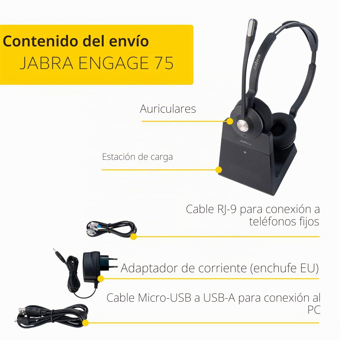 Jabra Engage 75 On-Ear DECT - Auriculares inalámbricos certificados para Skype para Empresas - para teléfonos de Escritorio y softphones - Negro - Versión para la UE (Reacondicionado)