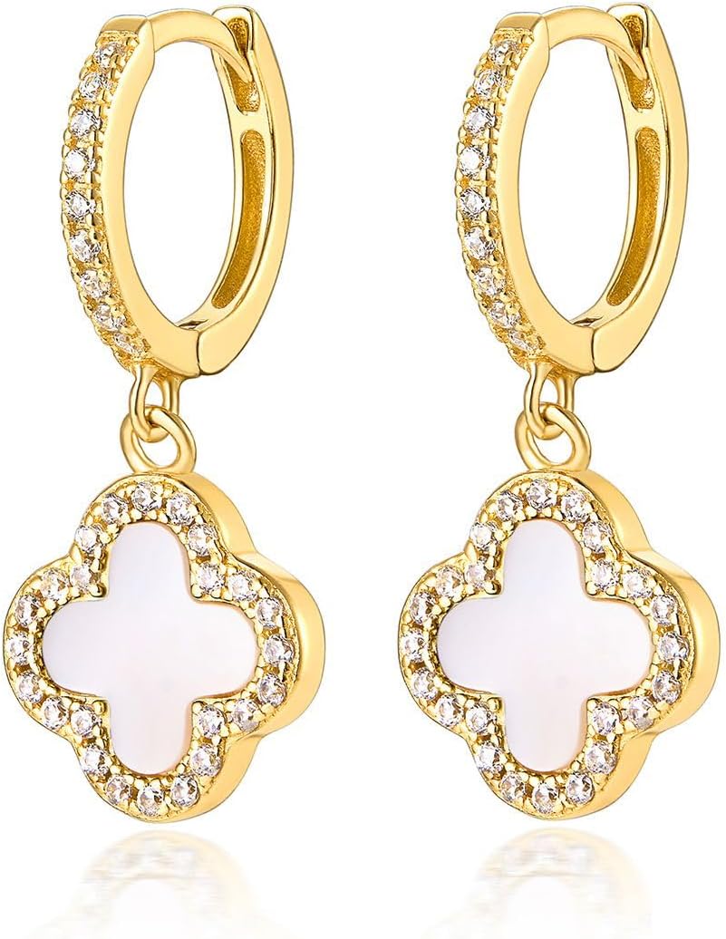 Four Leaf Clover Huggie Earrings for Women, 925 Sterling Silver Natural Gemstone, Gold Plated Hypoallergenic Lucky Jewelry Gift with Box