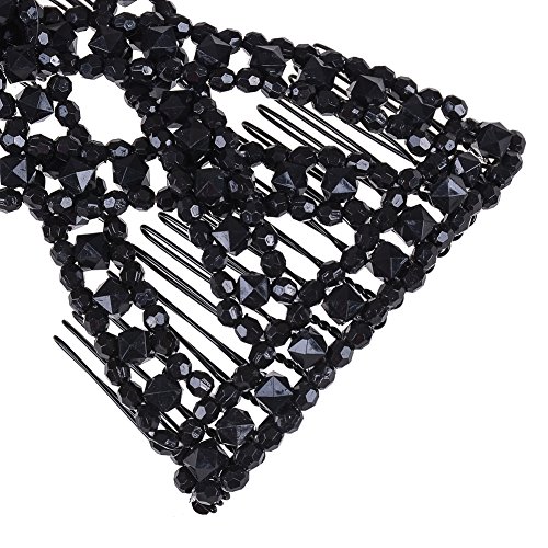 Lovef 2 Pcs Black Stretch Flower Bow Glass Bead Hair Head Comb Cuff Double Clip #TOP4