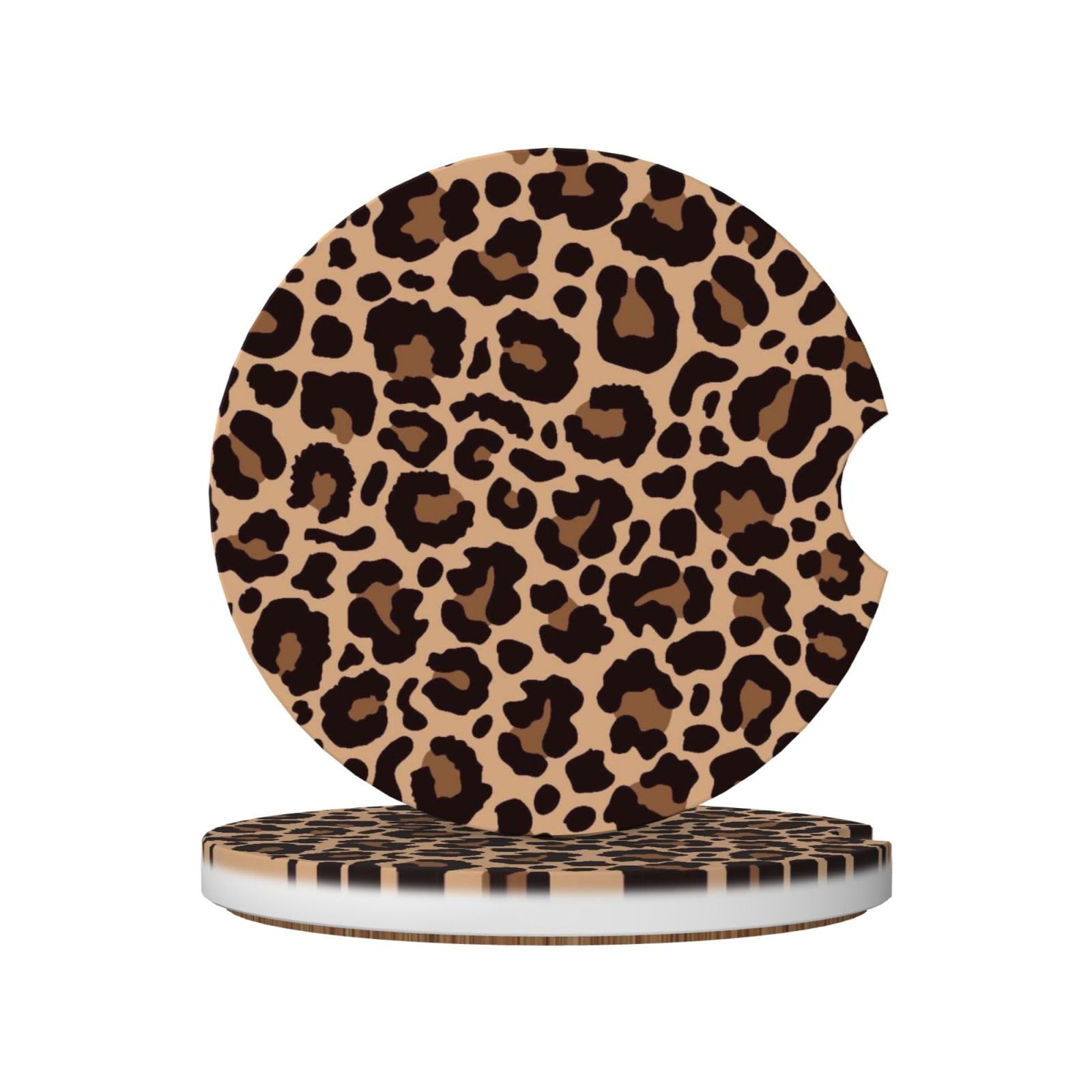 Leopard Print Car Coasters, Cheetah 2 PC Ceramic Absorbent Car Cup Holder Coasters, Drink Coasters with A Finger Notch and Cork Base, Car Interior Accessories for Women Men